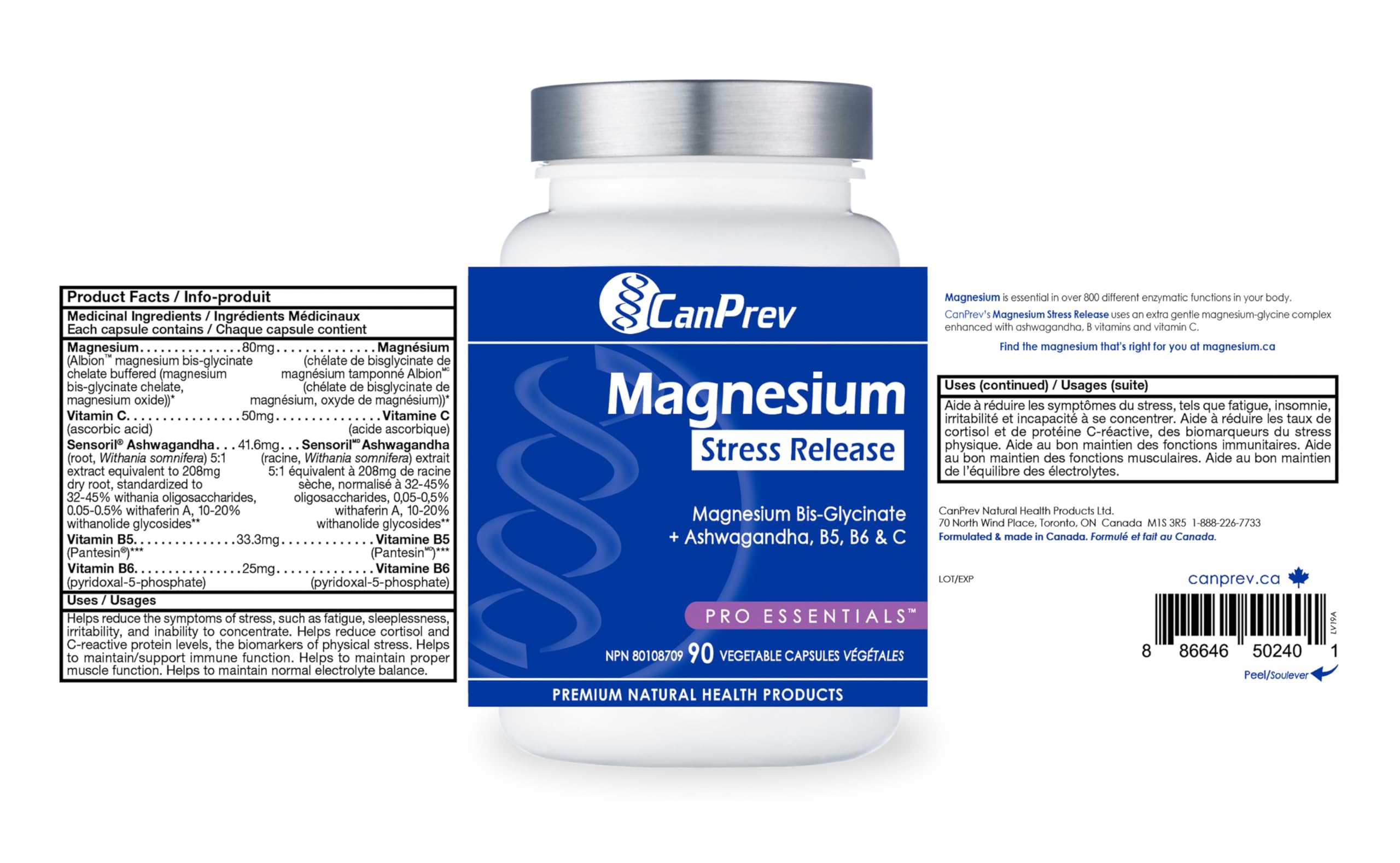 CanPrev Bisglycinate de magnésium + Ashwagandha, 90 capsules, 30 jours – Supplément de capsules de vitamines B5, B6 et C – Idéal pour retrouver le calme mental, réduire l'irritabilité et améliorer la concentration – Végétalien et sans OGM