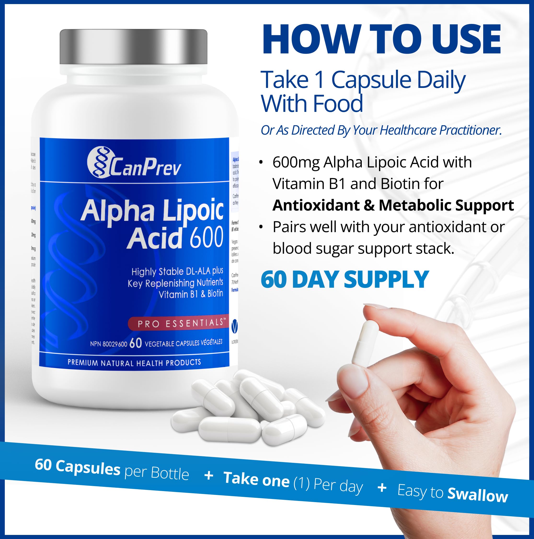CanPrev - Acide Alpha-Lipoïque 600mg, 60 capsules végétaliennes, 60 jours d'approvisionnement - Antioxydant, Cardiovasculaire, Détoxification quotidienne et Soutien de la glycémie - Nutriments régénérants B1, Biotine et Acide Alpha-Lipoïque R