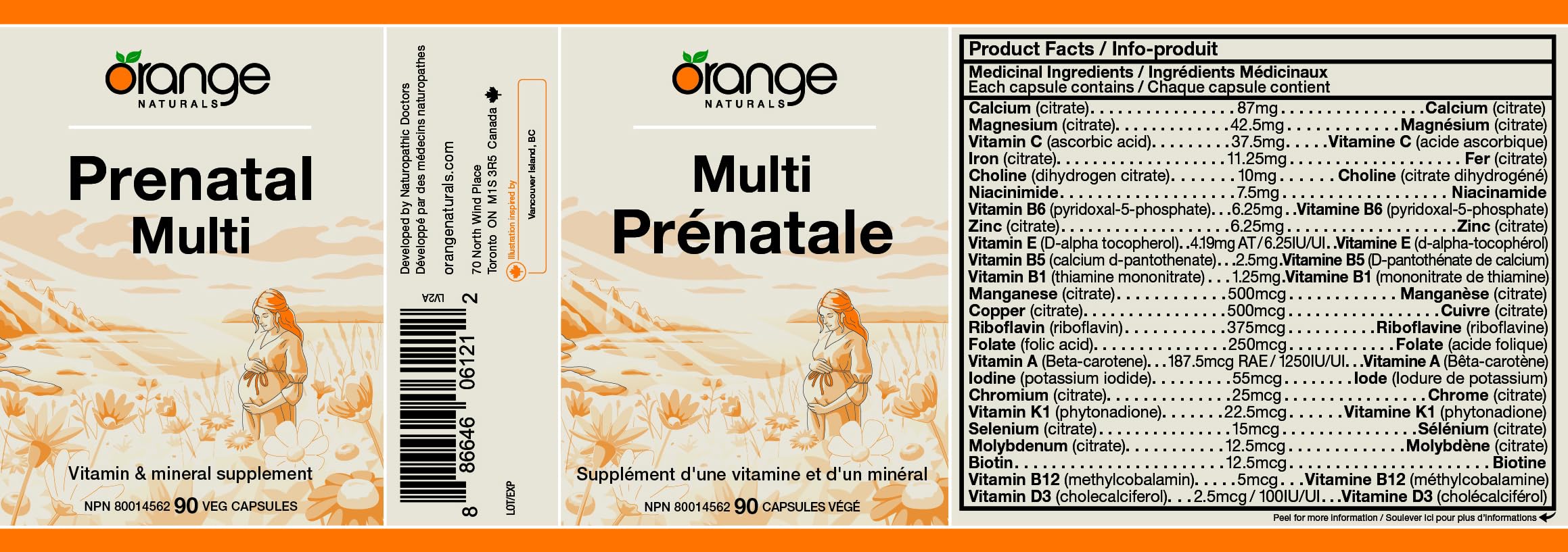 Orange Naturals - Multivitamine prénatale pour femmes, 90 capsules - Apporte les nutriments essentiels pour une grossesse en santé - Soutient le développement des os, des yeux, des nerfs et du système immunitaire du fœtus