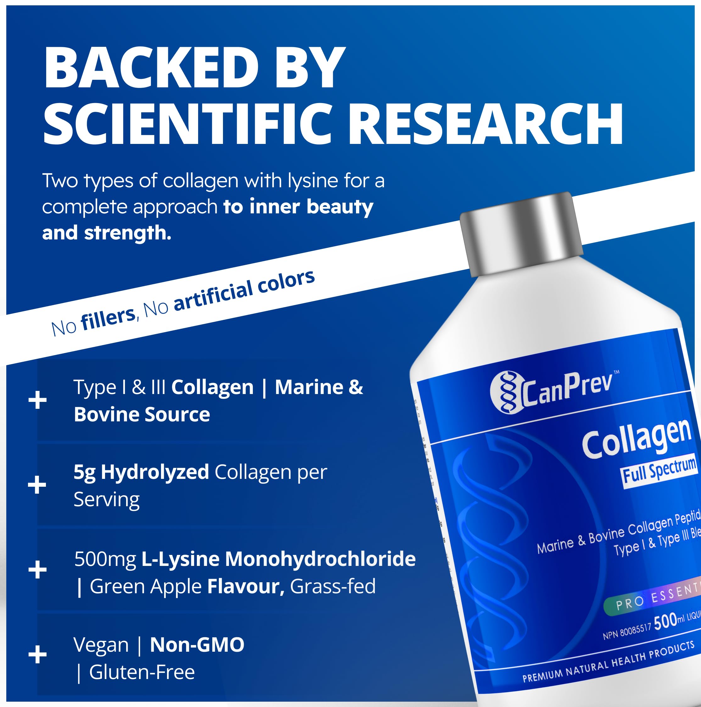 CanPrev Collagen Spectre Complet, 500 ml liquide 33 portions - Peptides de collagène marin et bovin - Aide à construire une peau saine, des os, des muscles, du cartilage et des articulations solides - Sans OGM et sans gluten