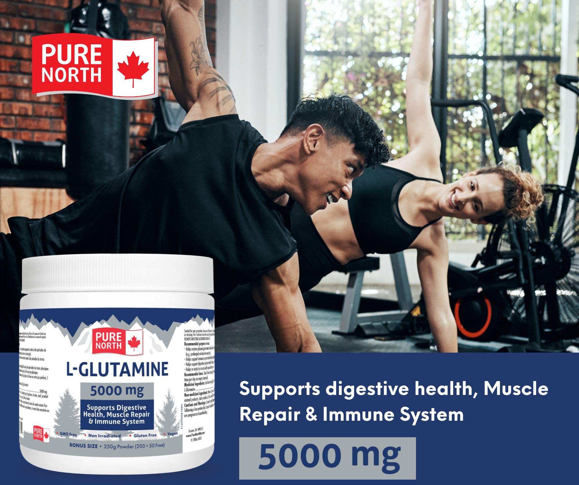 Pure North Naturals - L-Glutamine 5000mg, 250g Powder 50-Servings - Gut Health and Digestive Health - Support Muscle Repair & Support Immune System - 3rd Party Tested - Formulated & Made in Canada