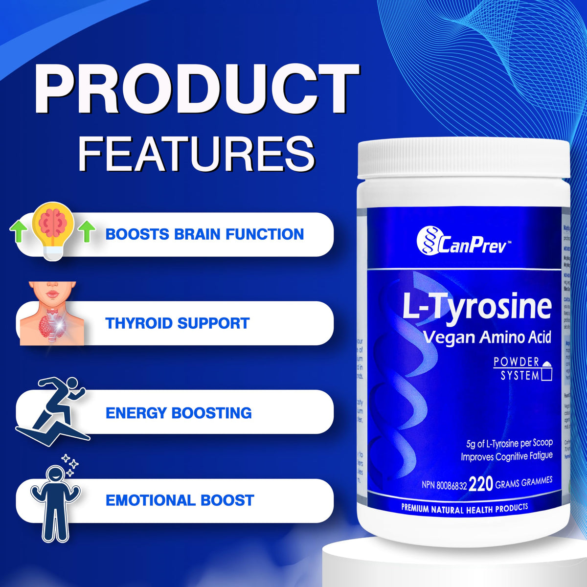 CanPrev L-Tyrosine Amino Acid Powder, For Adults, Vegan, Unflavoured, 220g