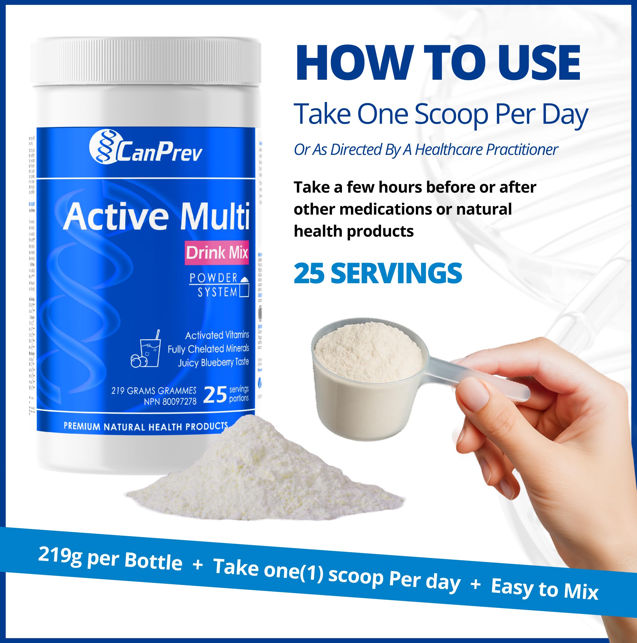 CanPrev Active Multi Drink Mix, 219g Powder, Juicy Blueberry Taste - 25 Essential Vitamins And Minerals - Bioactive B Vitamins And Fully Chelated Minerals - Vegan, Non-GMO and Gluten-Free