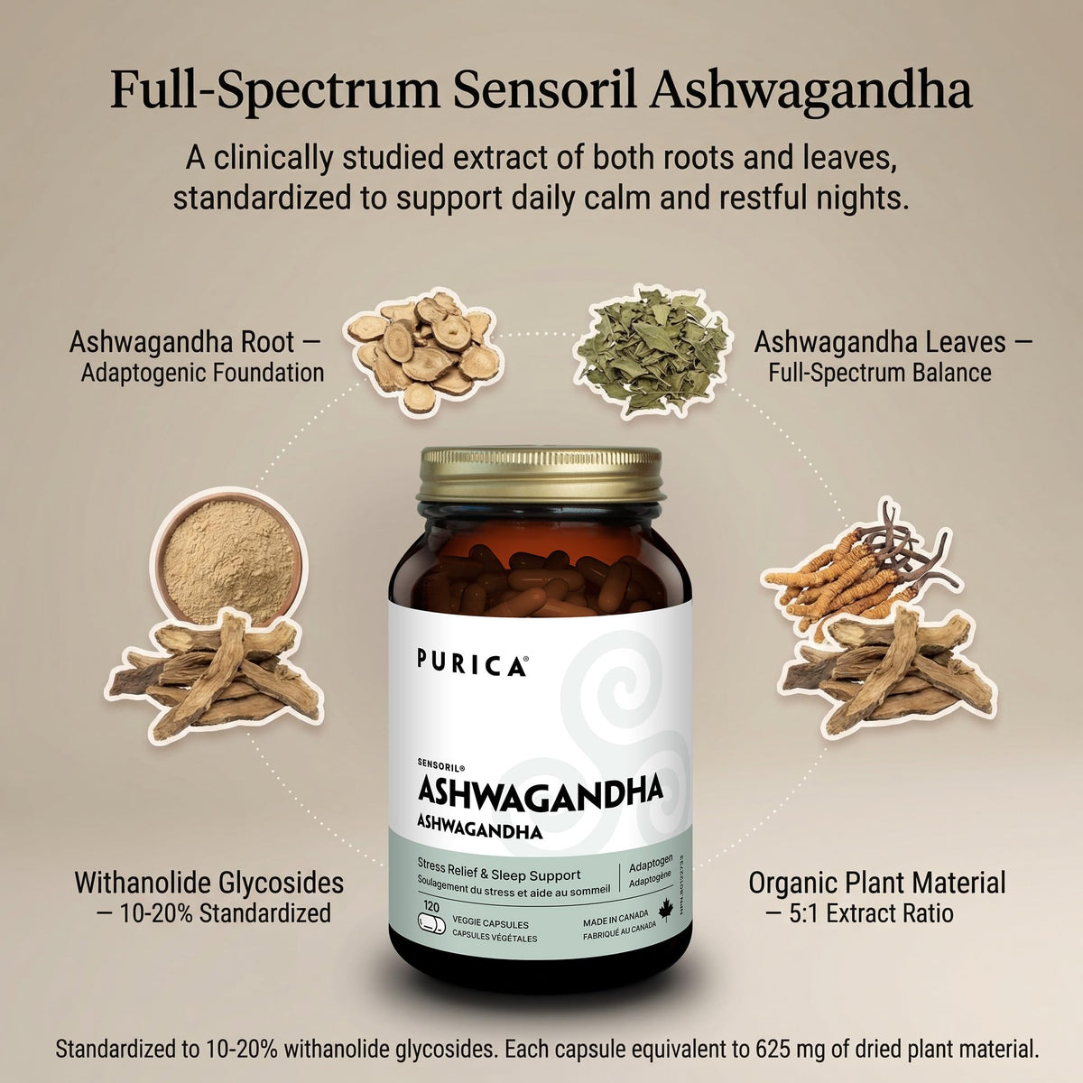 PURICA Ashwagandha Sensoril Capsules, Organic, 120 Capsules, 60 Day Supply
