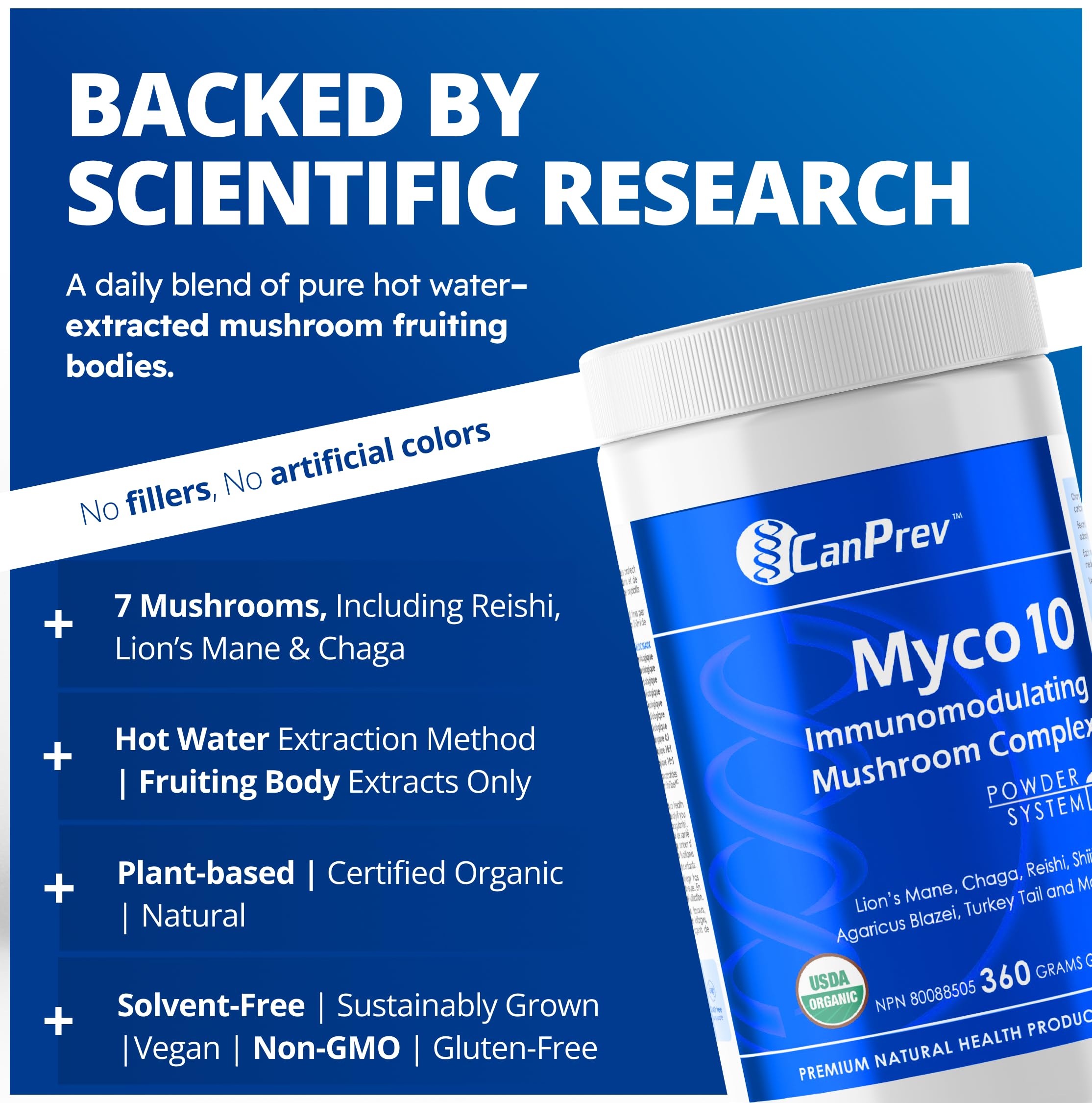 CanPrev Myco10 Complexe de champignons immunomodulateurs 360 g en poudre 100 portions - Coryolus Versicolor, Crinière de lion, Chaga, Reishi, Shiitake, Agaricus Blazei et Maitake en poudre - Végane, sans OGM et sans gluten