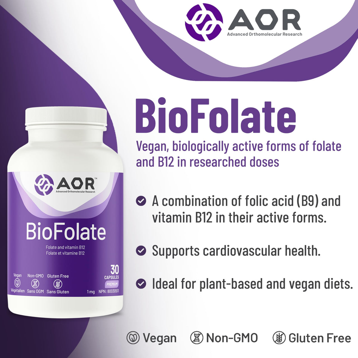 AOR BioFolate 1mg Methylfolate Supplement, B12, Vegan, Gluten Free, 30 Caps