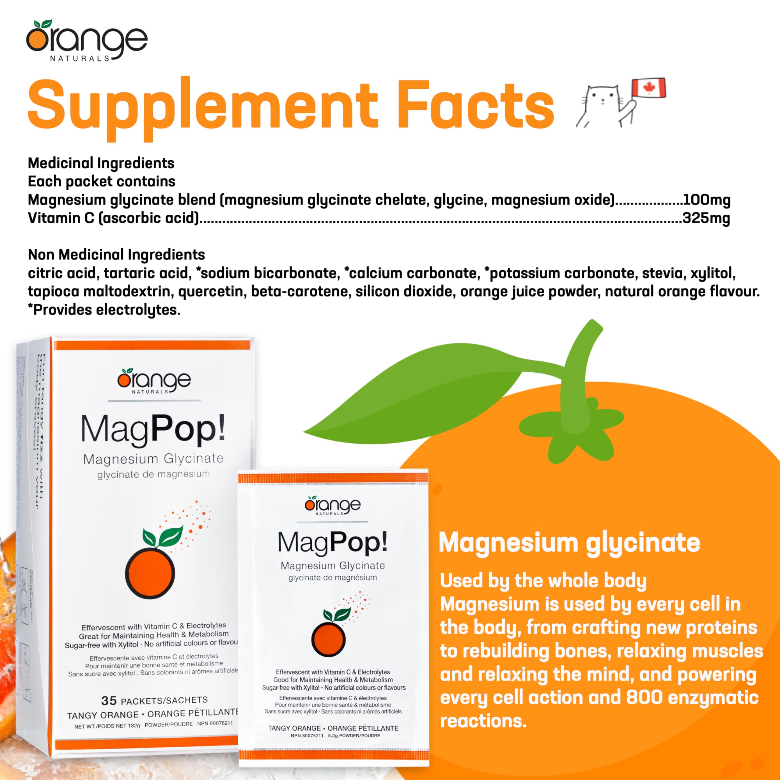 Orange Naturals - MagPop! Poudre effervescente de glycinate de magnésium avec vitamine C, 35 sachets, pour 35 jours - Équilibre électrolytique, favorise le sommeil, la relaxation et la fonction musculaire, la santé des os et des dents