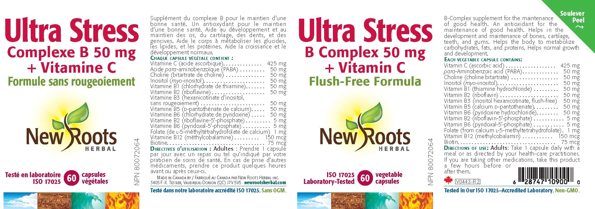New Roots Ultra Stress Complexe B 50 mg + Vitamine C, Soutient le métabolisme des nutriments et la formation des tissus, Formule sans rougeurs, 60 gélules végétales pour 60 jours