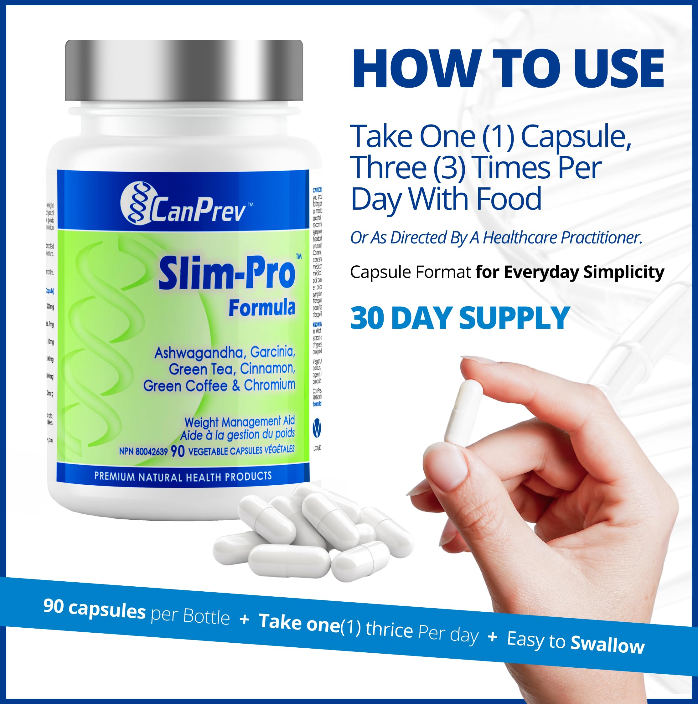 CanPrev Slim-Pro Formule 90 V-Caps, 1 mois d'approvisionnement - Complément d'Ashwagandha, d'extrait de thé vert, de Garcinia et de cannelle, soutient les objectifs de bien-être, l'équilibre et complète un mode de vie sain - Convient aux végétaliens
