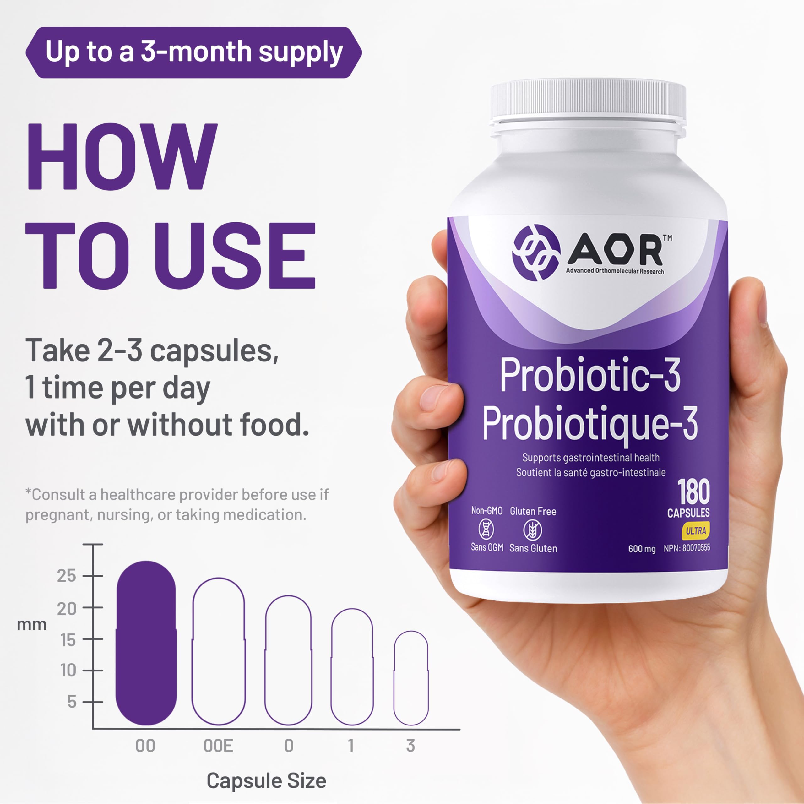 AOR Probiotic 3 - Gut Health Complex for Women & Men, Supports Digestive and Immune System, Contains Probiotics and Digestive Enzymes, Ideal for Balanced Intestinal Flora