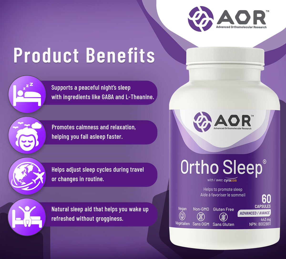 AOR Ortho Sleep Melatonin Capsules for Adults, Jet Lag Support, 60 Capsules