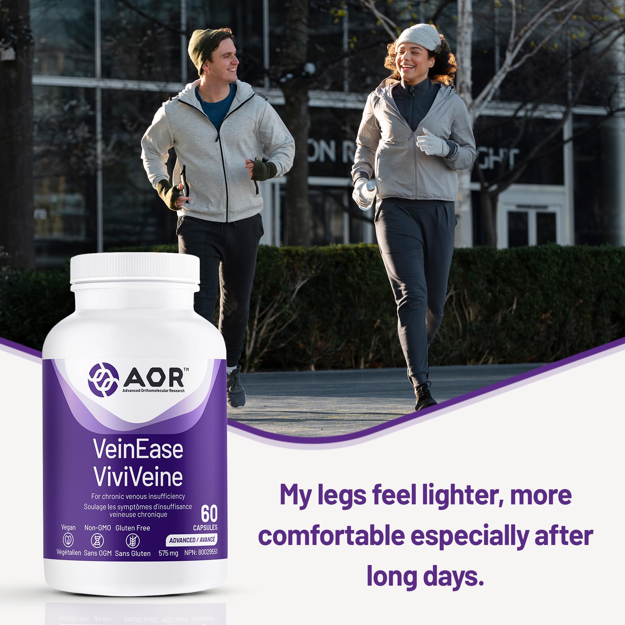 AOR VeinEase 575mg, 60 Vegan Caps 30-Day Supply - Diosmin Hesperidin Supplement, Vitis Vinifera & Grape Seed Extract for Comfortable Legs, Promotes Healthy Vein Function - Vegan, Non-GMO & Gluten-Free