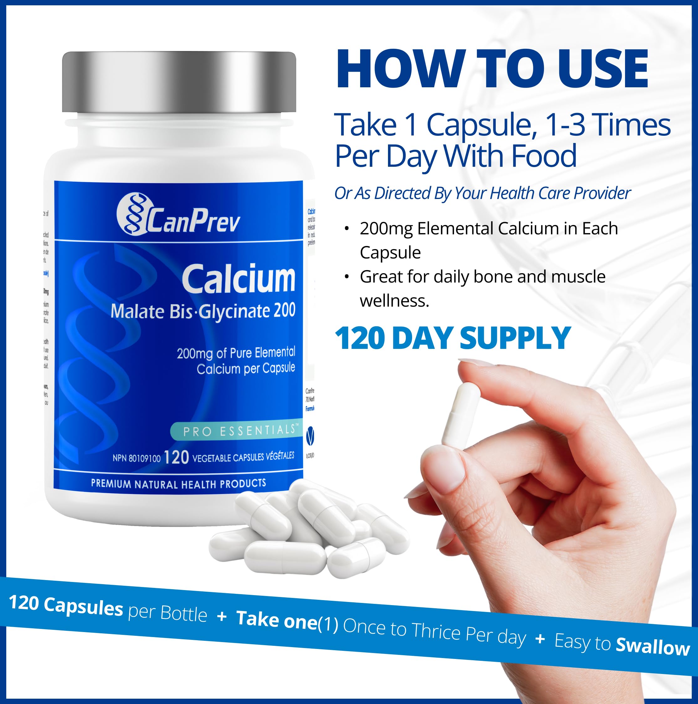 CanPrev Calcium Malate Bis-Glycinate Supplement, 120 Capsules 120-Day Supply - Therapeutic 200mg Elemental - Ideal for Healthy Bones, Teeth, Muscle Cramps and Promote Relaxation - Vegan and Non-GMO