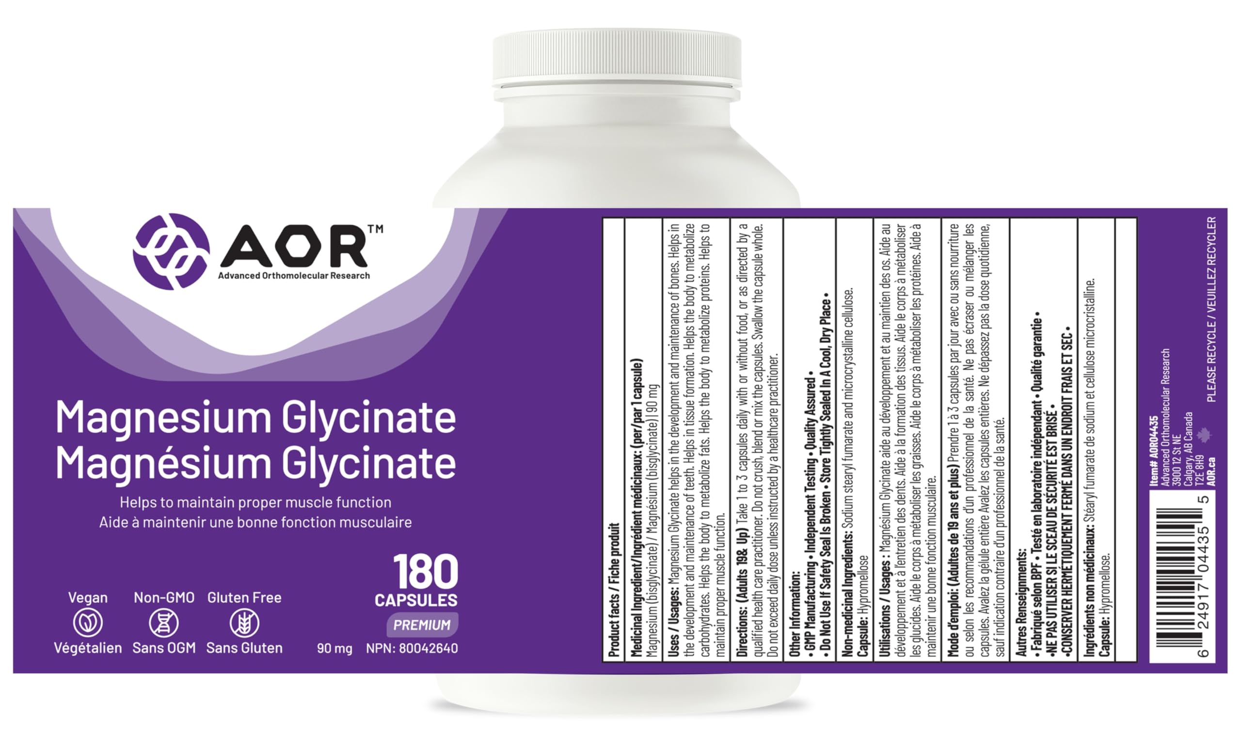 AOR Magnésium Glycinate, 90 mg, Favorise une fonction musculaire et un métabolisme optimaux, Soutien cardiovasculaire, Confort musculaire et cycles menstruels équilibrés, Végétalien et sans OGM