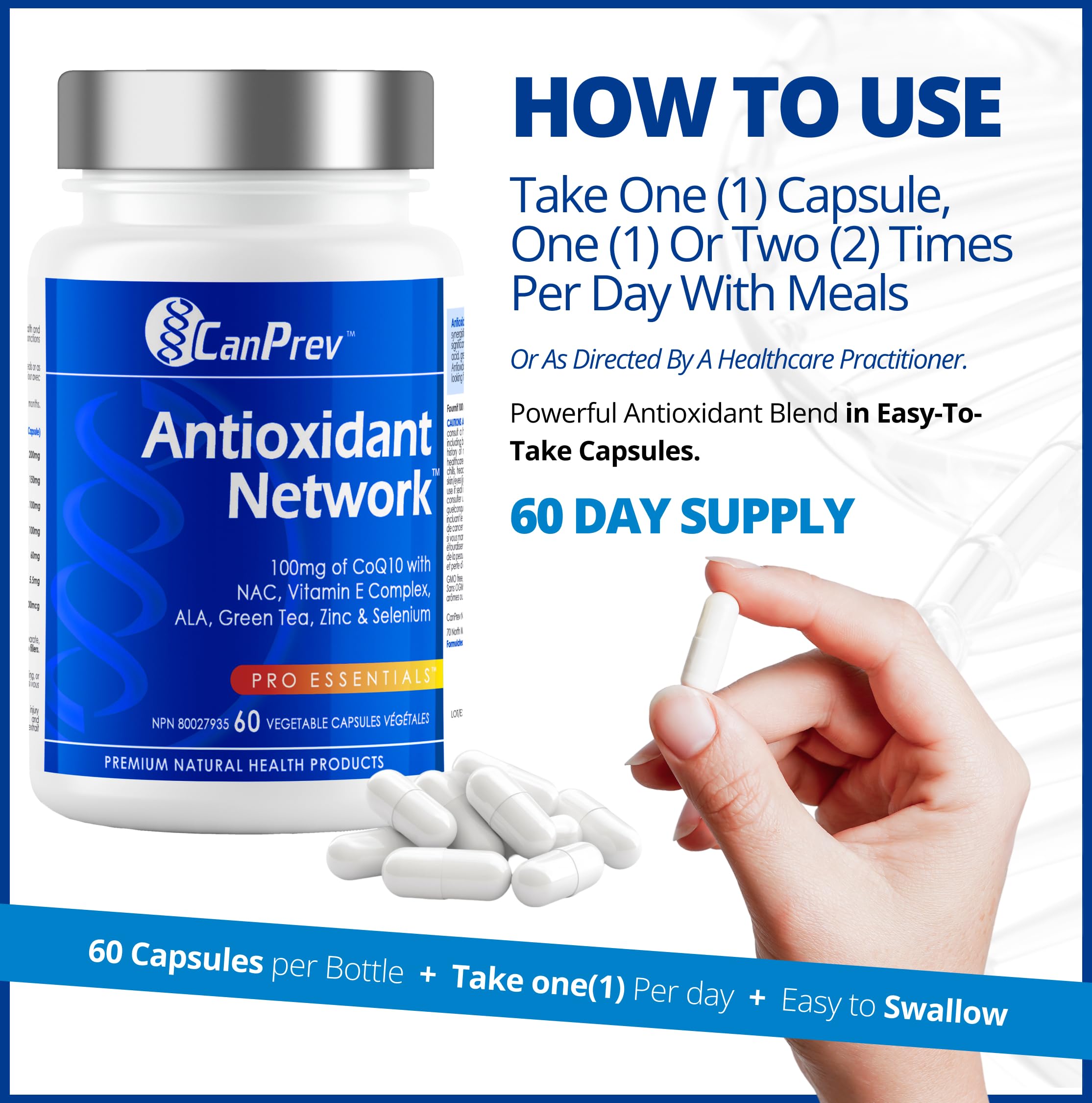 CanPrev Antioxidant Network, 60 V-Caps 60-Day Supply with Coenzyme Q10 100mg NAC, Vitamin E Complex, ALA, Green Tea Extract, Zinc and Selenium - Supports Energy, Cellular Health and Overall Vitality