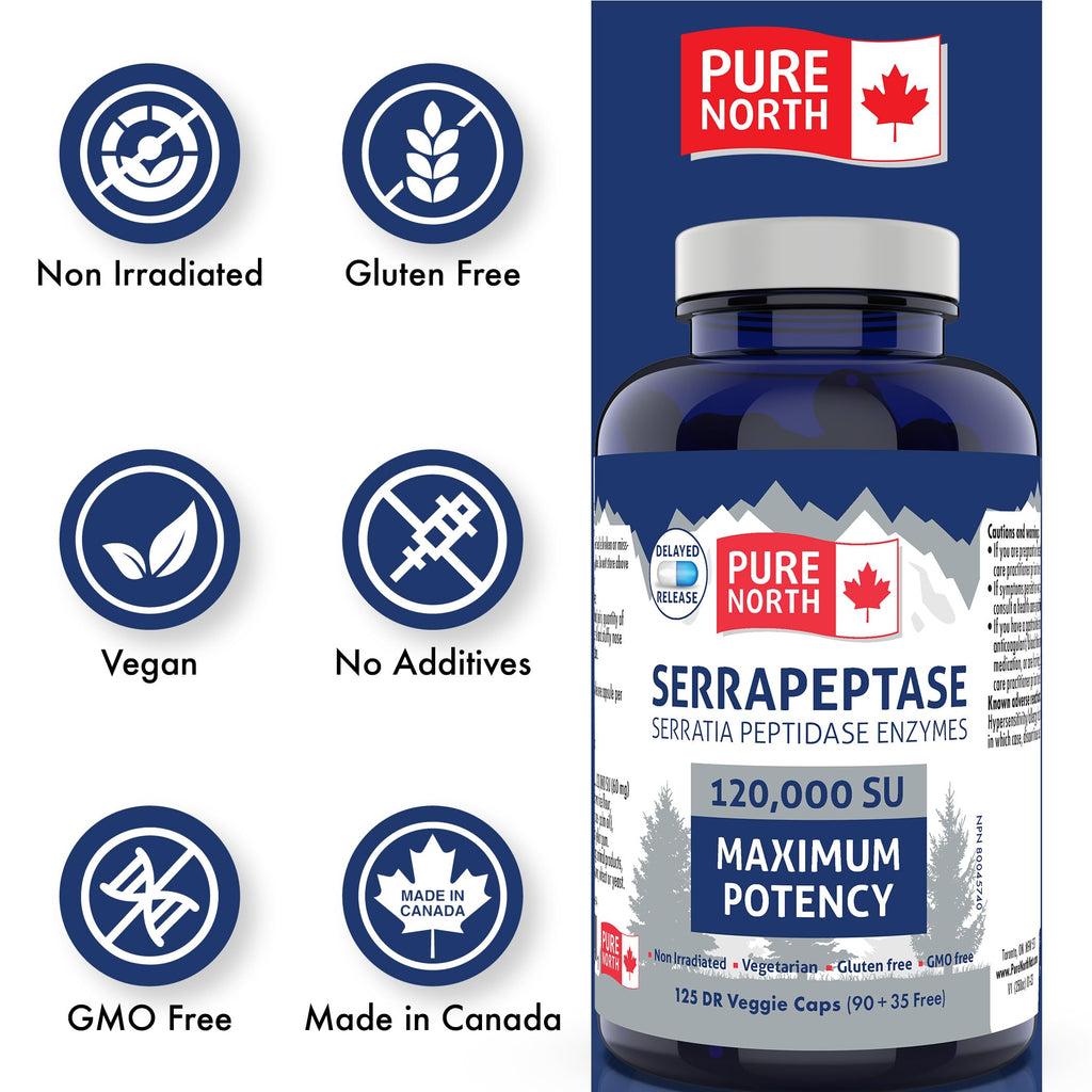 Pure North Naturals - Serrapeptase Serratia Peptidase Enzymes 120000 SU Maximum Potency (90+35 Capsules) 125-Day Supply - Supports Respiratory Health - 3rd Party Tested - Formulated & Made in Canada