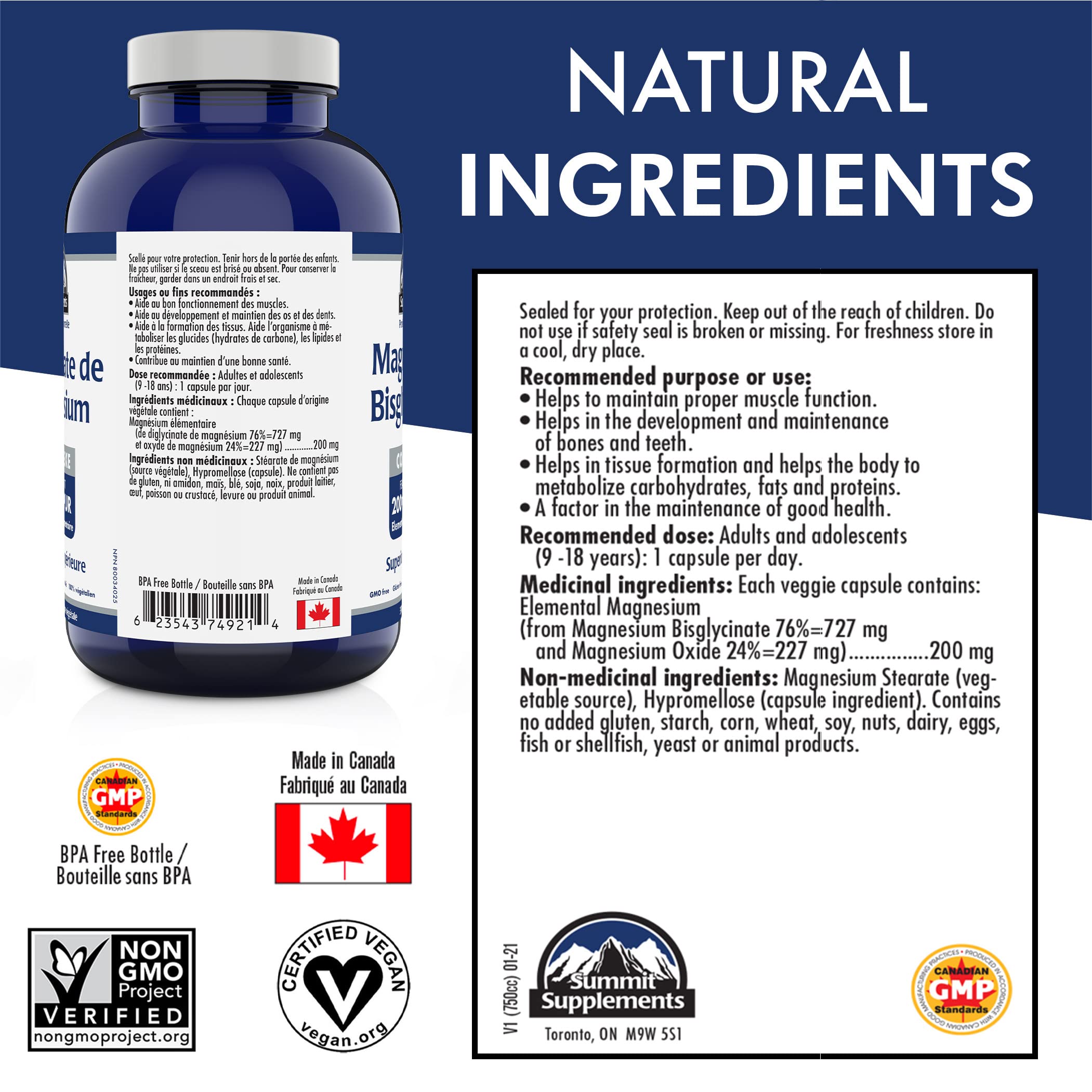 Proudly Canadian Magnesium Biglycinate 200mg - Advanced Muscle Support Formula - Bisglycinate Blend for Men and Women's Vitality, Bone Strength, and Cardiovascular Wellness