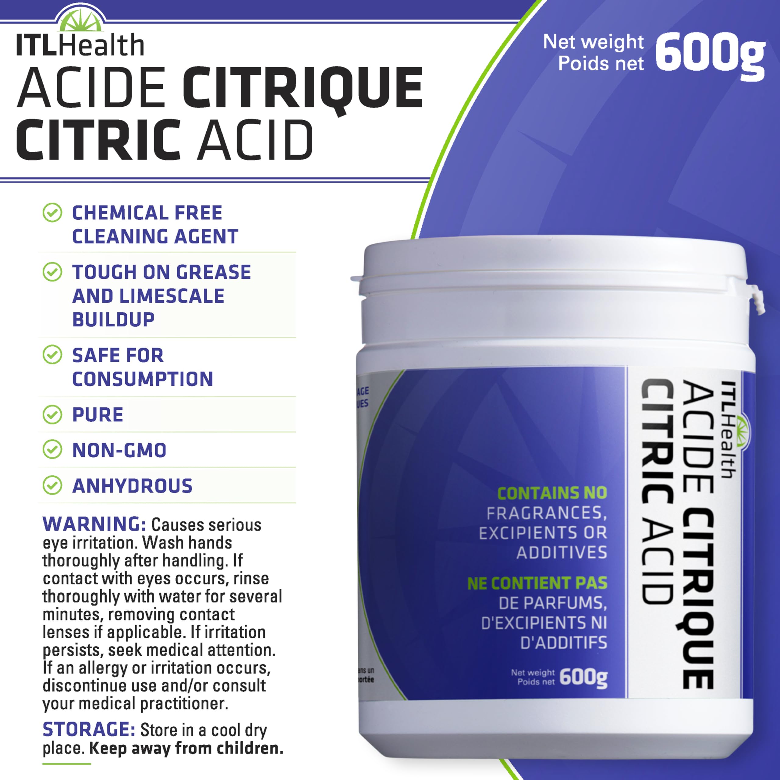 ITL Health Citric Acid Powder 600g - Pure, Food-Grade Quality for DIY Bath Bombs, Descaling & Household Cleaning, Non-GMO, Cleaner, Natural Ingredient for Cooking & a Variety of Home Uses