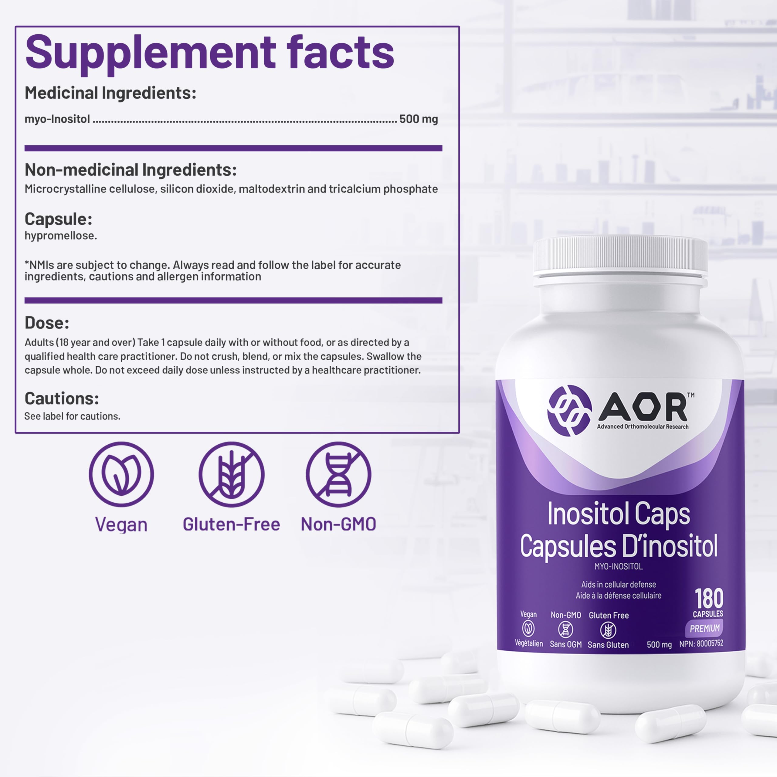 AOR - Inositol Caps 500mg, 90 capsules - Supplément de Myo-Inositol pour le soutien de l'humeur, la santé cérébrale et la santé mentale - Capsules d'Inositol - Aide à réguler les systèmes de signalisation cérébrale