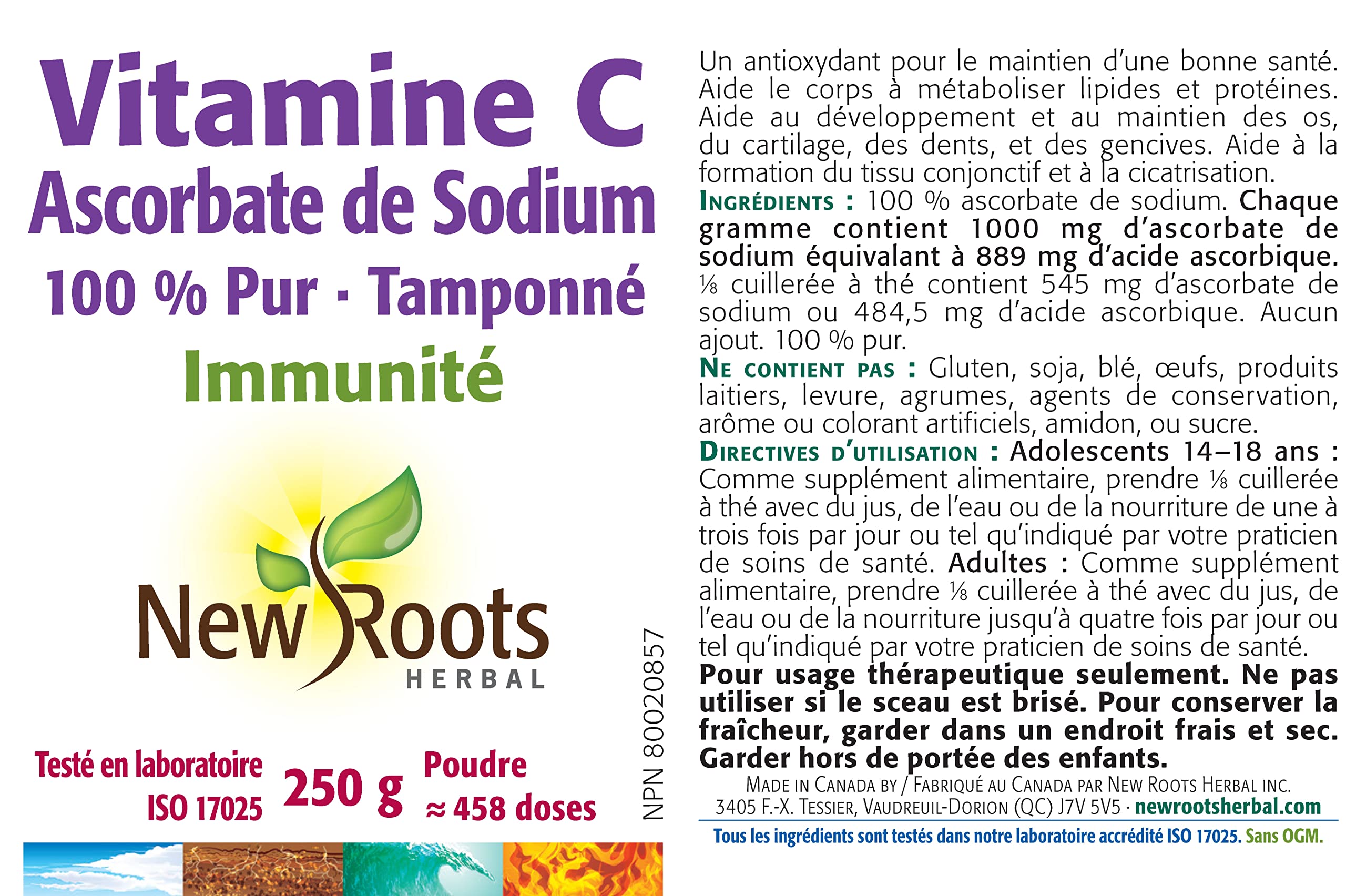 New Roots Herbal Vitamine C Ascorbate de Sodium Pure en Poudre 250g, Tamponnée et Douce pour l'Estomac, Soutient la Santé des Os, Dents, Gencives et Cartilages, 458 Portions