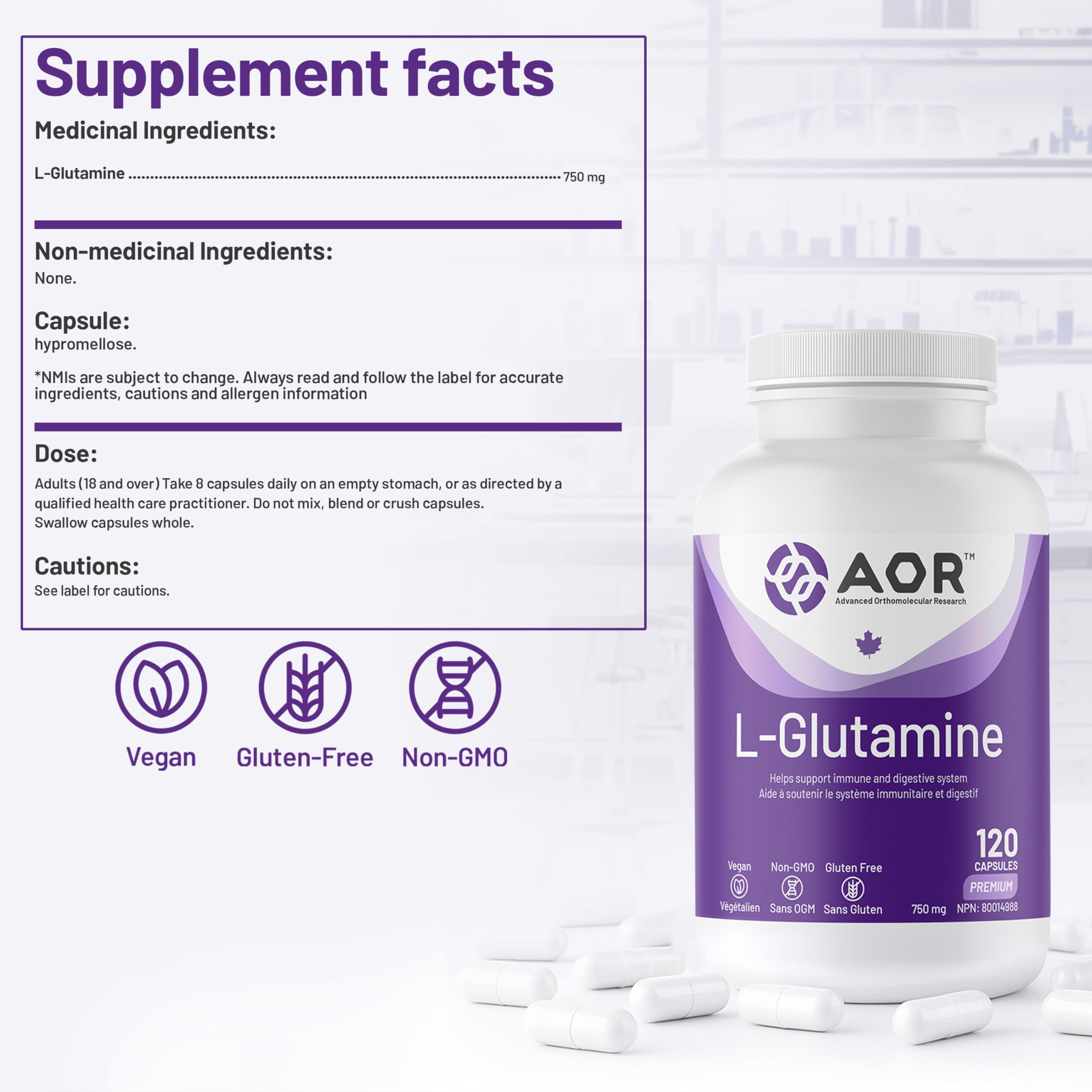AOR L-Glutamine 750mg, 120 Gélules - Supplément de L-Glutamine pour la Santé Intestinale et la Récupération, Soutient le Confort Digestif - Végétalien, Sans Gluten et Sans OGM - Idéal pour les Modes de Vie Actifs