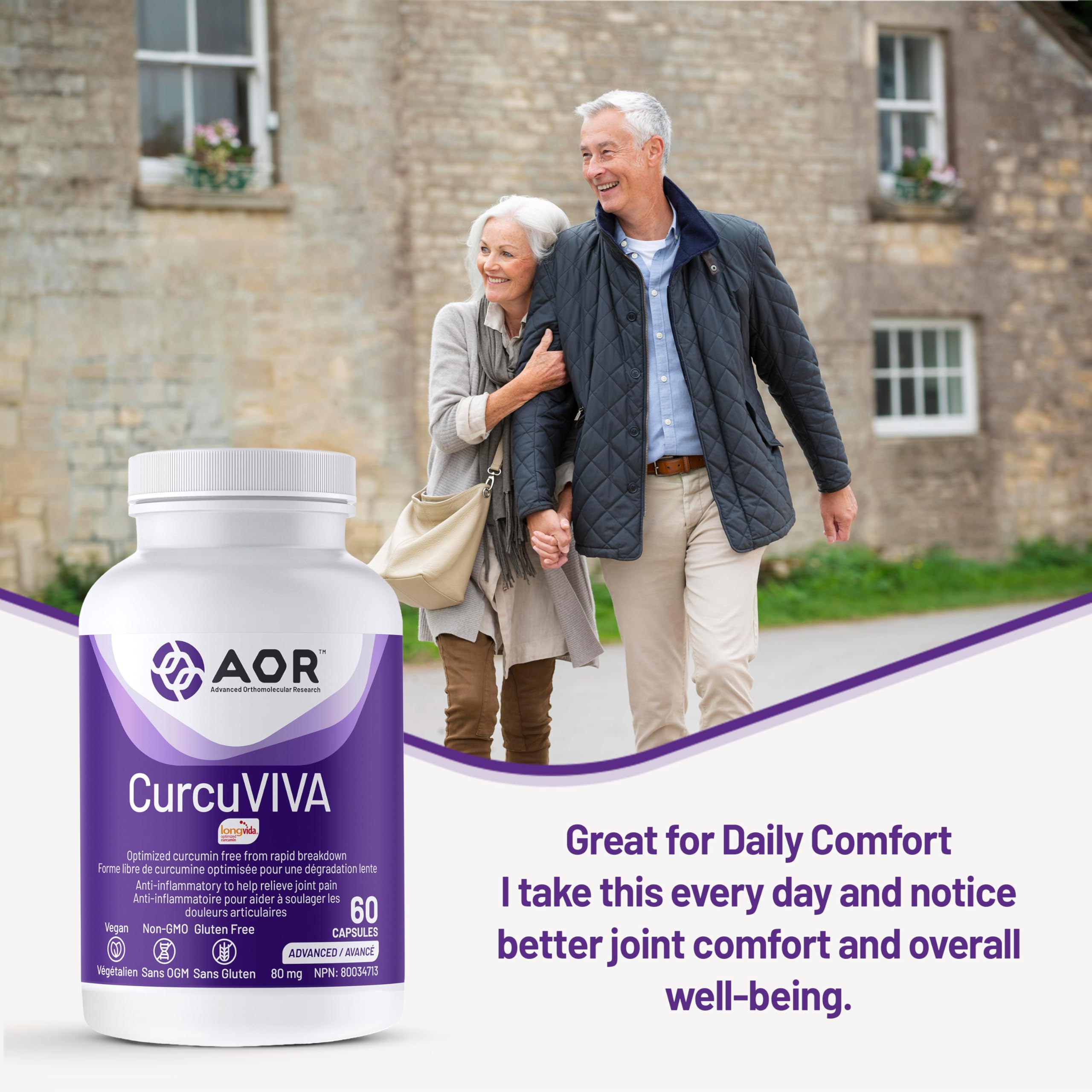 AOR CurcuVIVA 80mg, 60 Caps 60-Day Supply - Curcumin Longvida Formula for Joint Support & Comfort, Immune Support, Enhanced Absorption Turmeric Curcumin Supplement - Vegan, Non-GMO and Gluten-Free