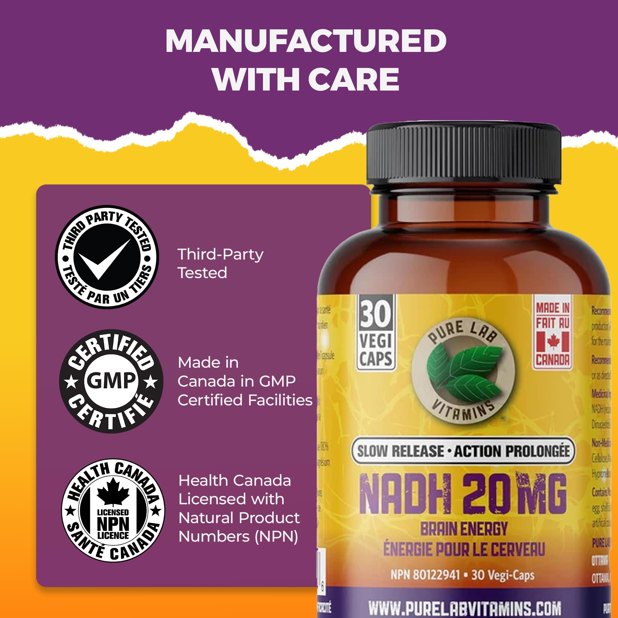 Pure Lab Vitamins - Nicotinamide Adénine Dinucléotide (NAD) + Hydrogène (H) Supplément - 20 MG