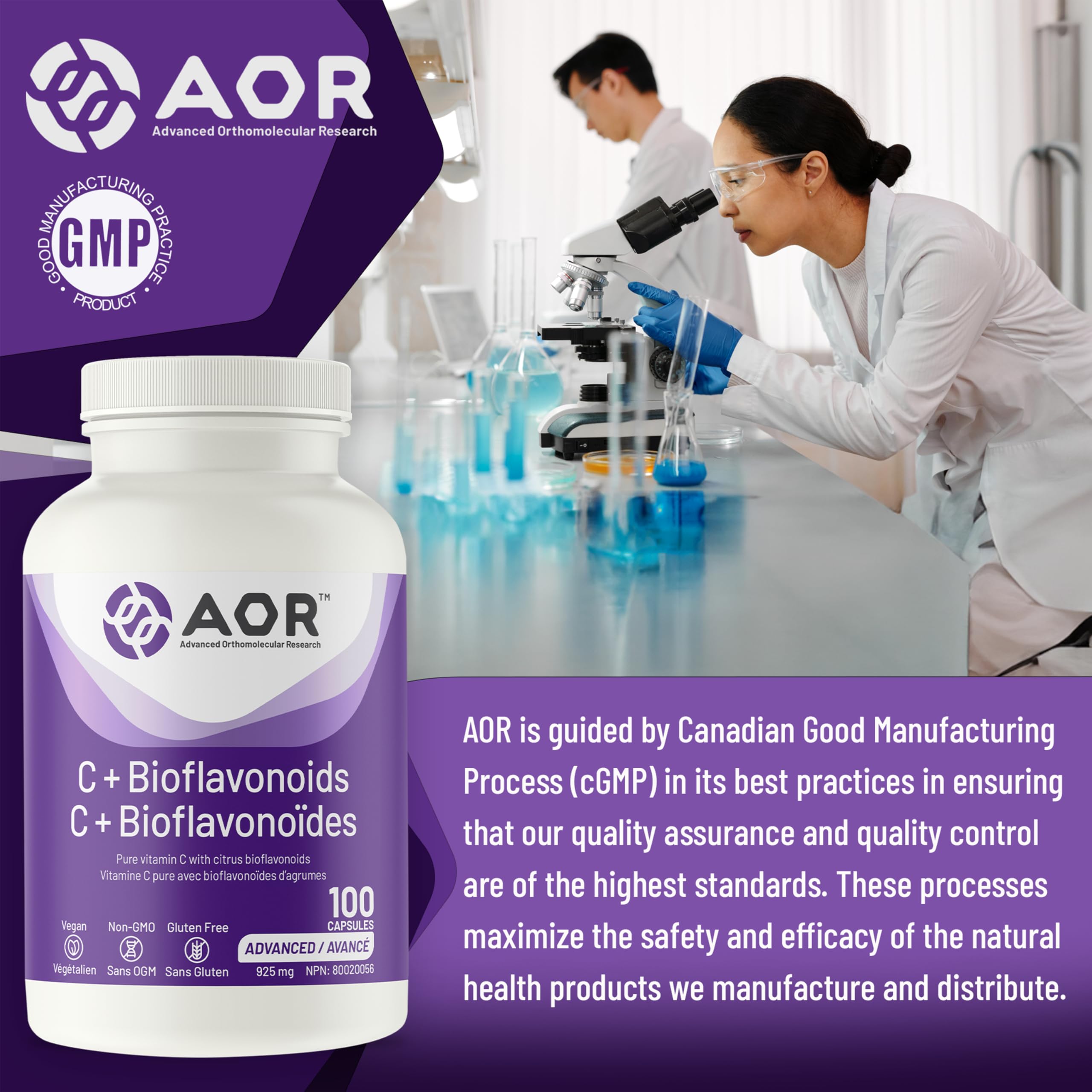 AOR - C+ Bioflavonoïdes 925 mg, 100 capsules - Supplément de vitamine C acide ascorbique avec bioflavonoïdes d'agrumes - Soutien cérébral, santé cardiaque, soutien immunitaire, santé vasculaire et cicatrisation des plaies