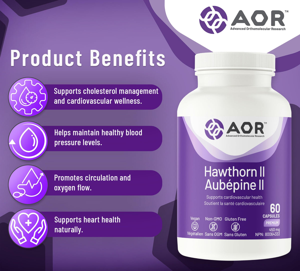 AOR Hawthorn II, Hawthorn Extract Capsules, 450 mg, For Adults, 60 Capsules
