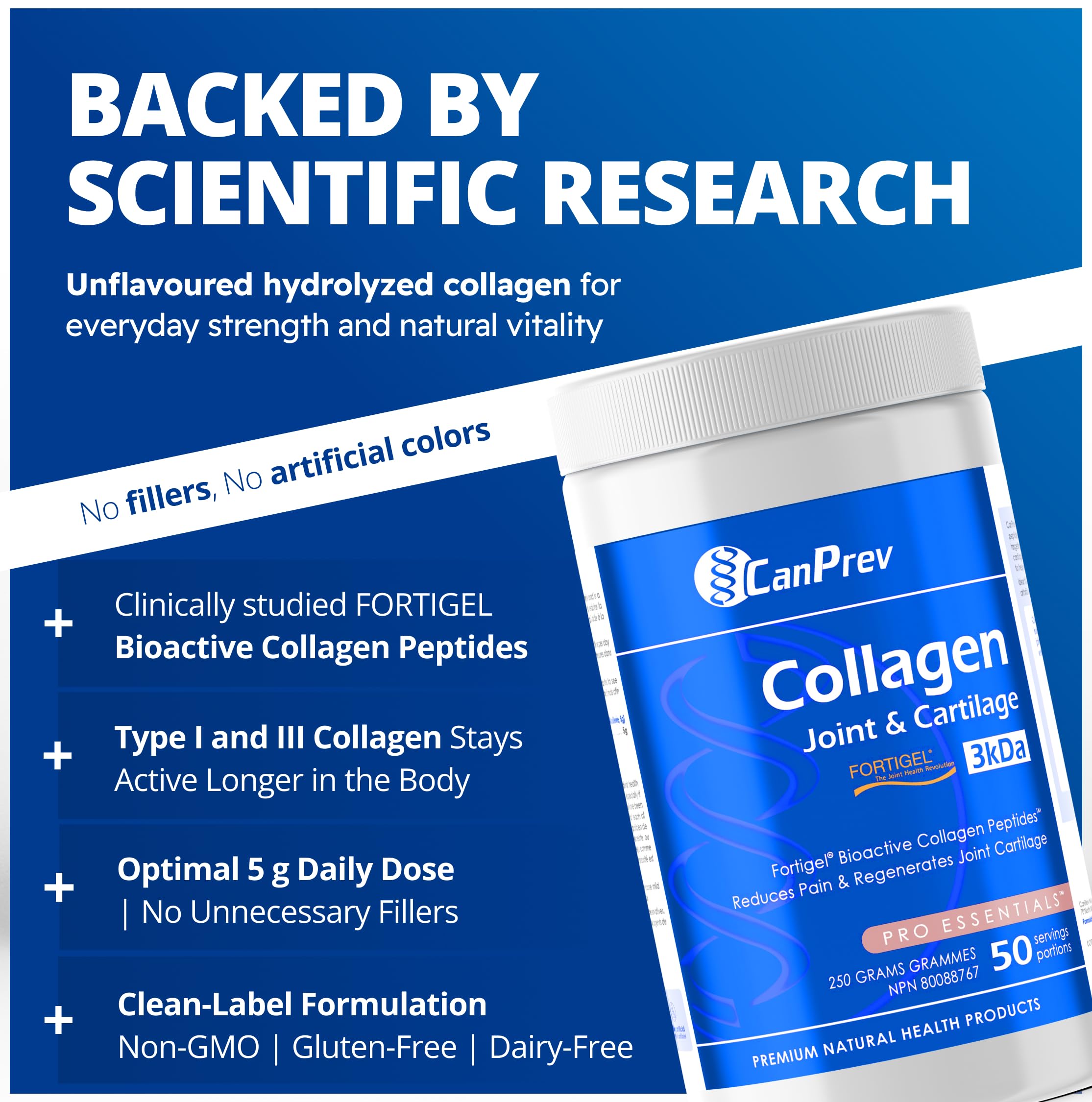 CanPrev Collagène Articulations et Cartilages - 250 g Poudre - 50 Portions - Peptides Protéiques Hydrolysées Types I et III pour le Soutien des Articulations, des Os, de la Peau et des Ongles - Paléo/Keto, Sans Gluten, Sans OGM