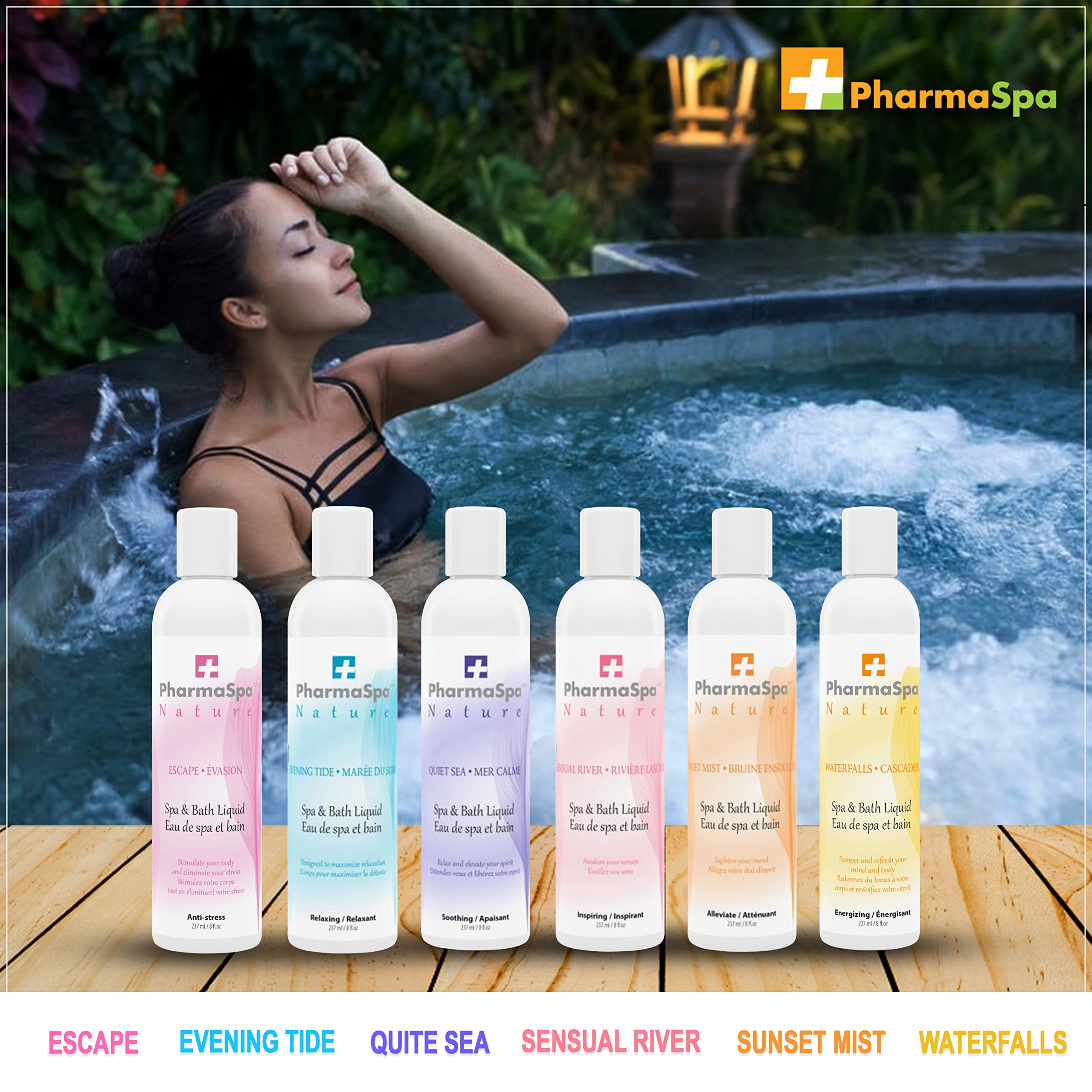 Pharmaspa Nature : Liquide pour spa et bain avec extraits entièrement naturels - 237 g/8 fl oz – Liquide d'aromathérapie pour spa – Sans gluten, sans parabènes, non testé sur les animaux