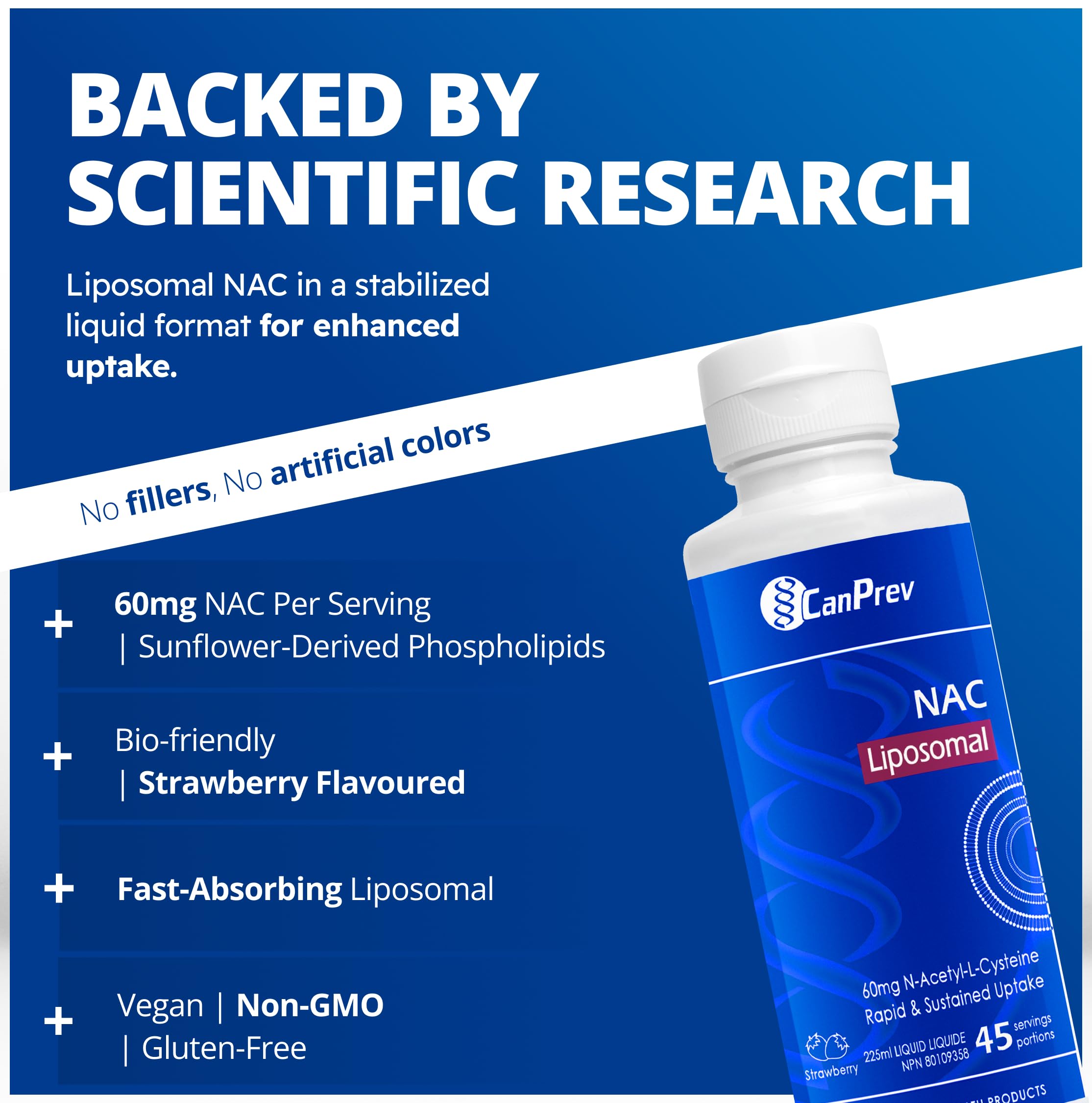 CanPrev - Liposomal NAC Supplement N-Acetyl Cysteine, Strawberry Flavor 225ml Liquid 45-Servings - Brain, Liver and Respiratory Health, Clear Mucus from Lung & Antioxidant Support - Vegan & Non-GMO