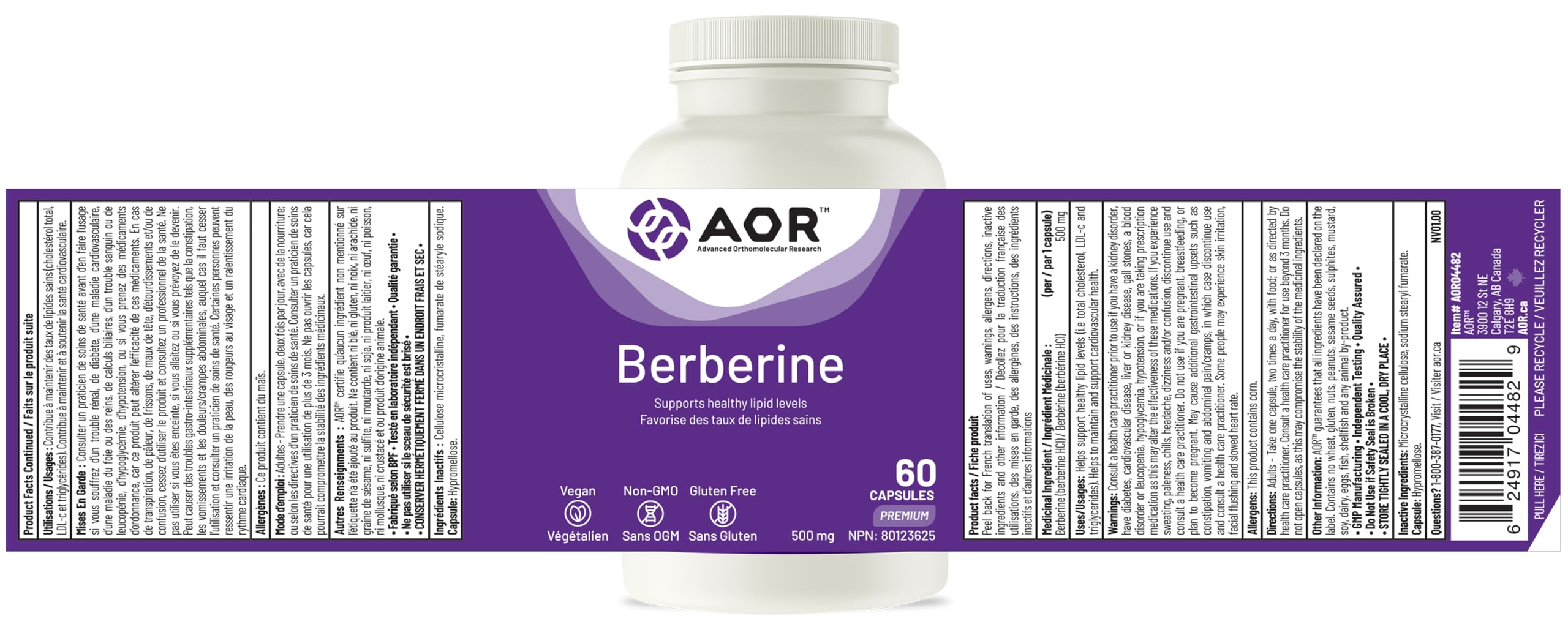 AOR - Berbérine 500mg - Complément de berbérine pour des taux lipidiques et un cholestérol sains, santé cardiovasculaire - Supplément pour abaisser le cholestérol LDL