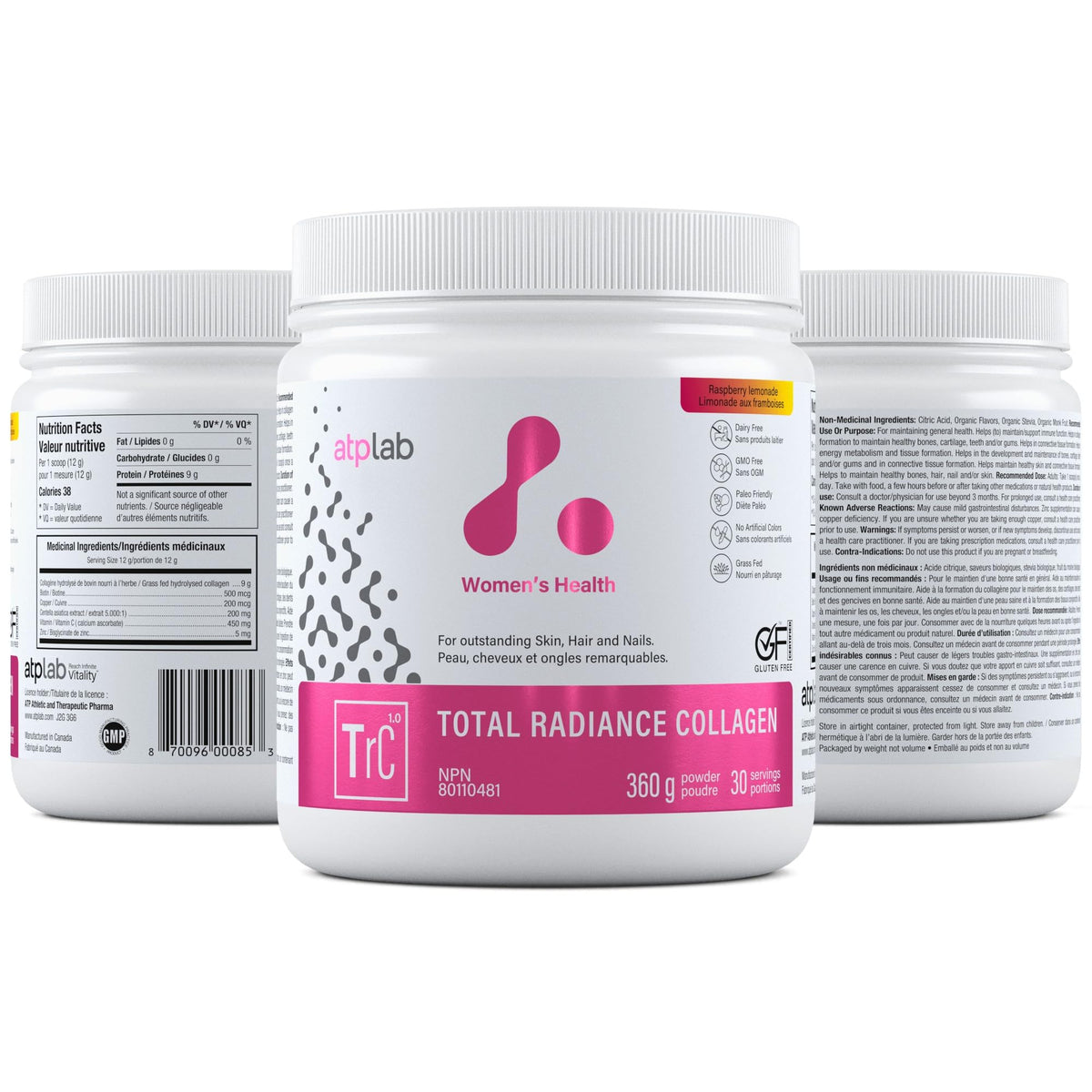 atplab Total Radiance Collagen Powder, 9g Bovine Collagen, Raspberry, 360g