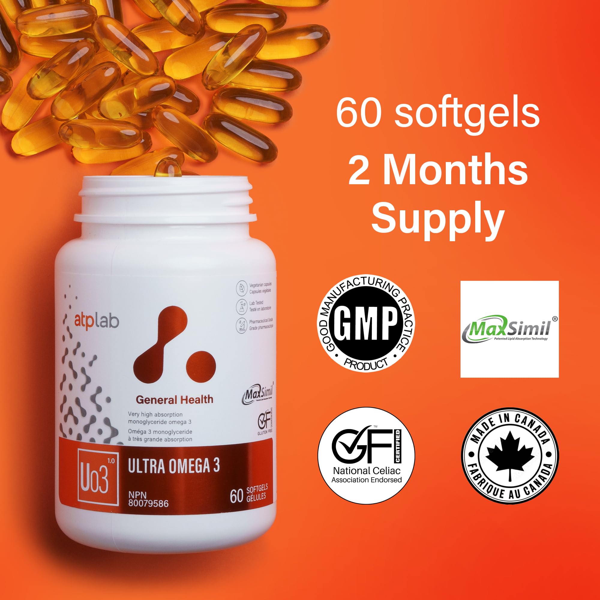 ATP LAB - Ultra Omega 3 60 Softgels 60-Day Supply - High Absorption Monoglyceride Omega-3 Fatty Acid Supplements - MaxSimil Fish Oil Omega 3 Supplements to Lower Cholesterol - Cardiovascular Health