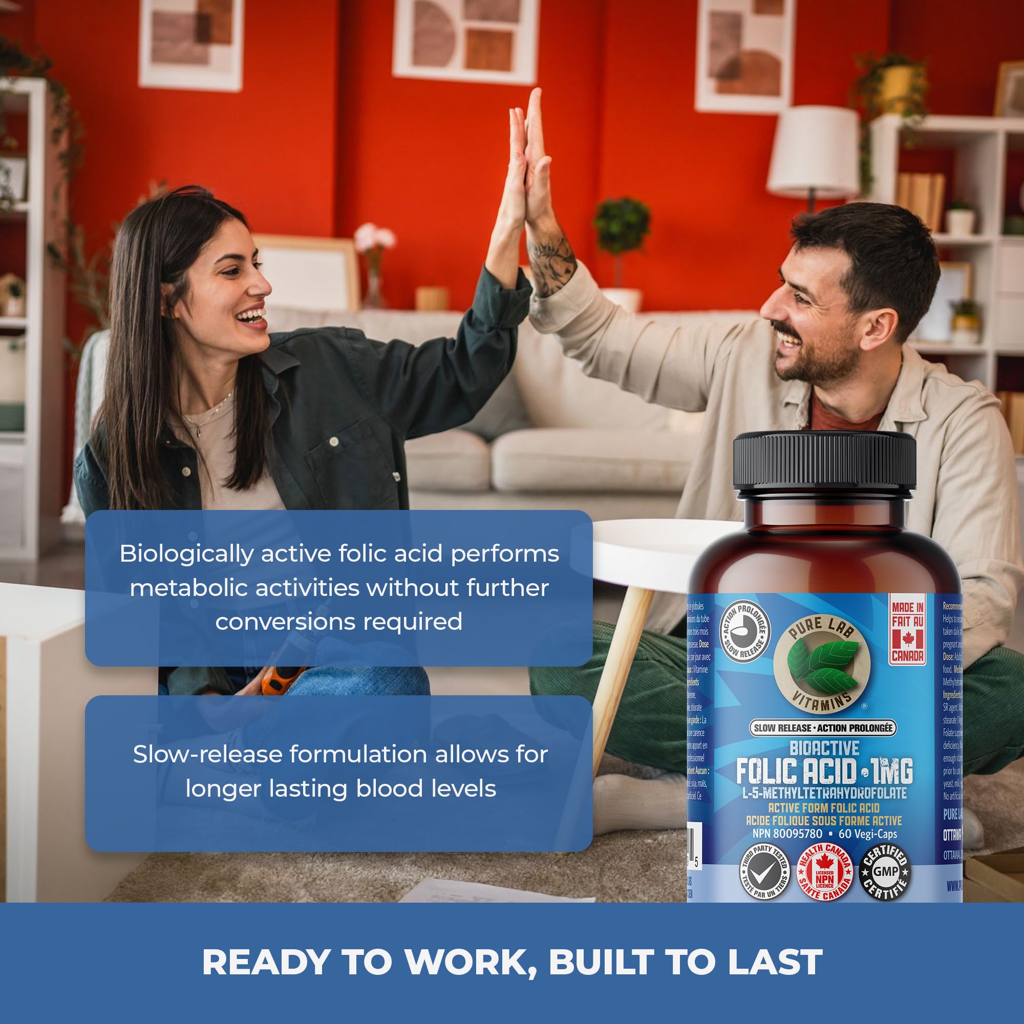 Pure Lab Vitamins BioActive Folic Acid (L-5-methyltetrahydrofolate) 50 mg - Slow Release - 60 Vegi-Caps