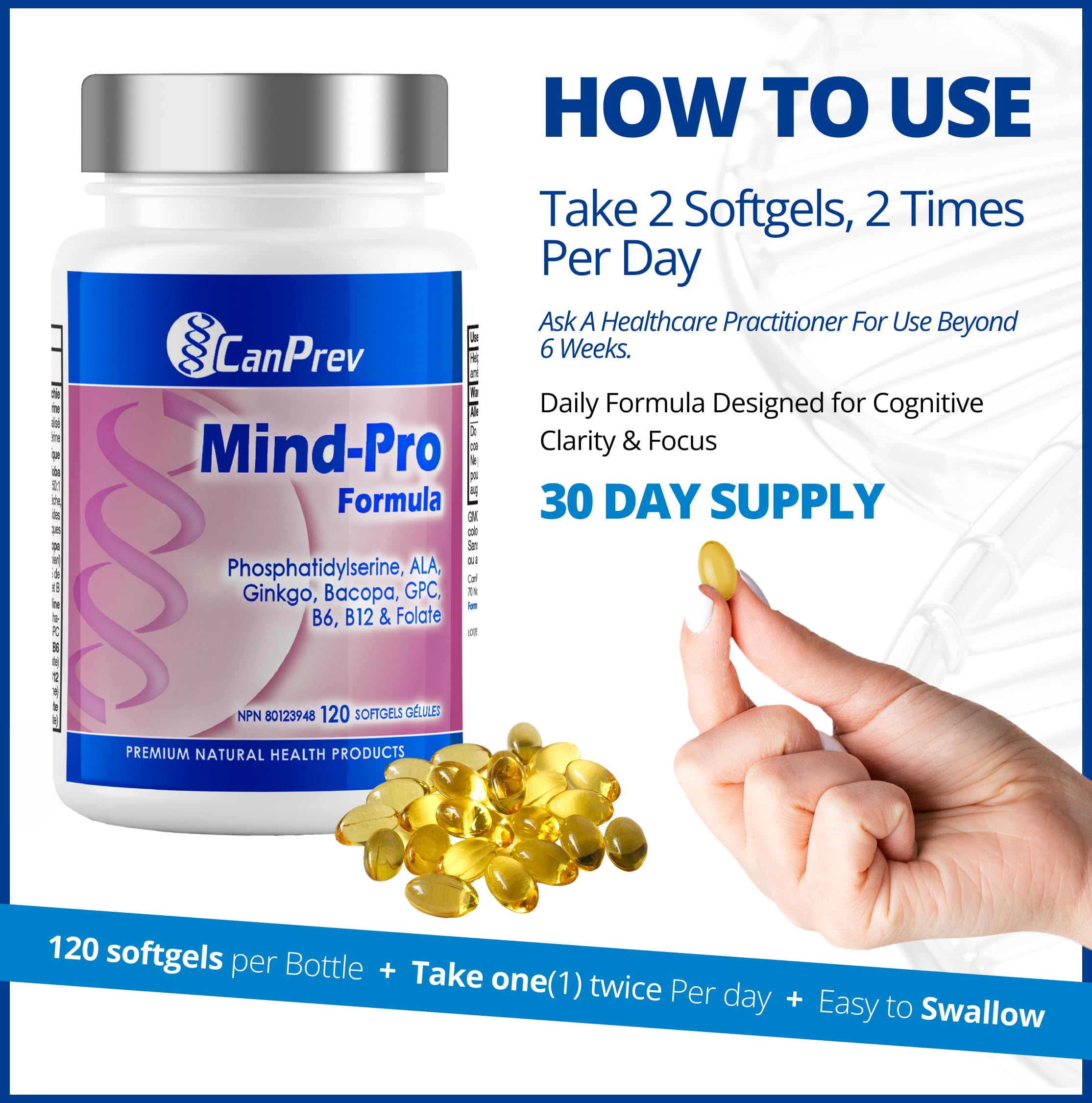 CanPrev Mind-Pro Formule 120 gélules molles, cure de 30 jours – Mélange spécialement conçu avec phosphatidylsérine, ALA, ginkgo, bacopa, GPC, B6, B12 et acide folique, soutient la santé cérébrale, la concentration et la clarté cognitive