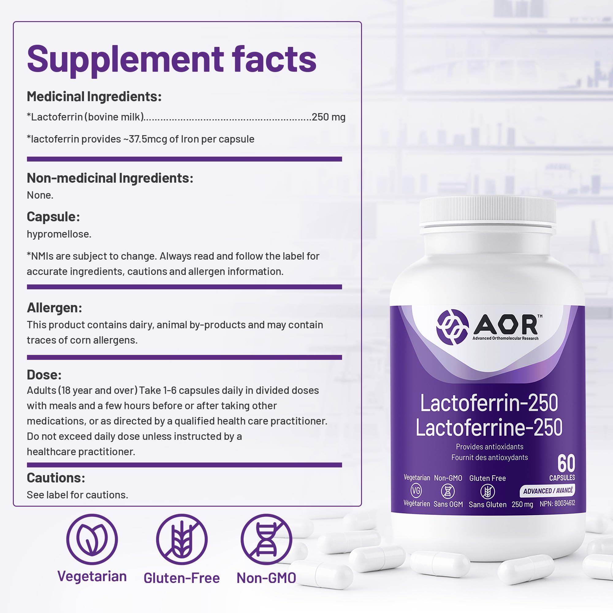 AOR Lactoferrin 250mg, 60 Capsules 60-Day Supply - Supports Balanced Iron Levels & Antioxidant Properties - Non-GMO Vegetarian Formula for Energy, Vitality & Strong Bones, Promotes Iron Utilization