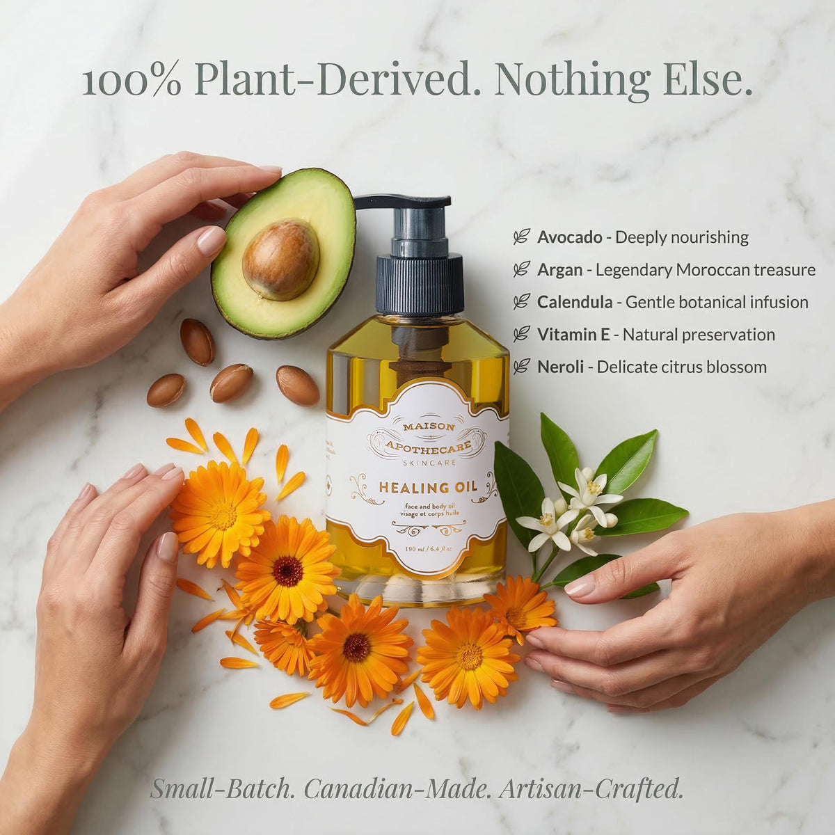 Maison Apothecare Healing Oil Grande 190ml, Multi-Use Avocado, Argan & Neroli, Botanical Blend for Face, Body & Hair, Lightweight Canadian-Made Moisturizer