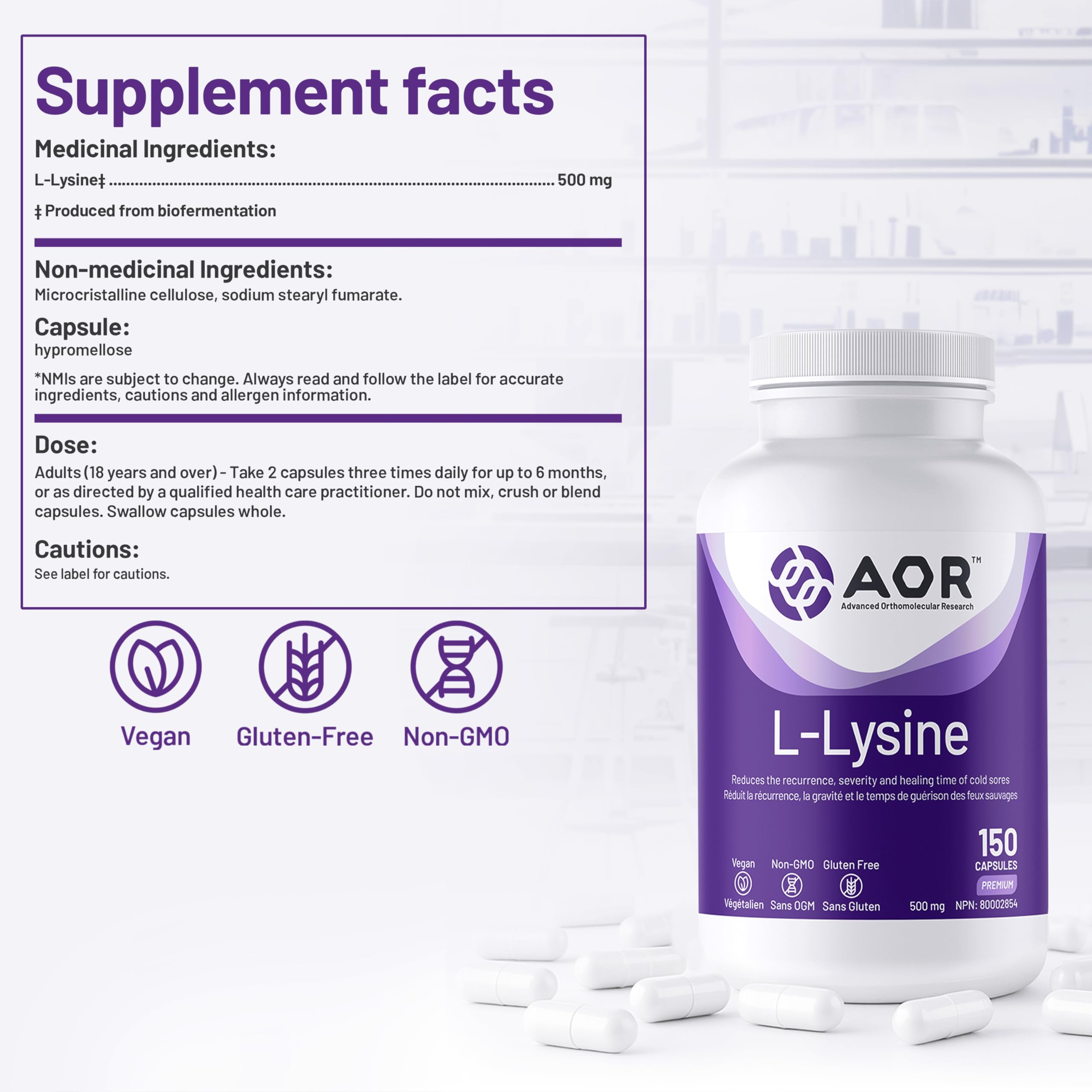 AOR L-Lysine 500mg 150 Vegan Capsules with Essential Amino Acid Support for Wellness, Gluten-Free & Non-GMO Supplement for Everyday Care, Promotes Healthy Hair, Nails & Overall Vitality