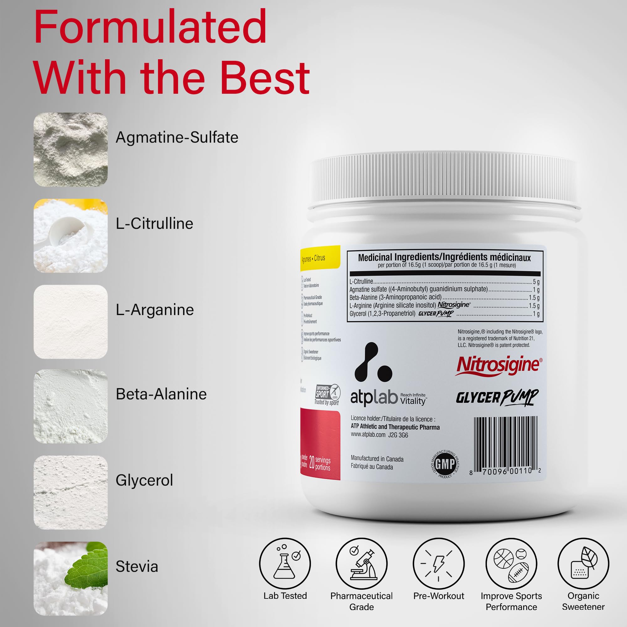 ATP LAB - E-Nos 330g Poudre Saveur Agrumes - Améliore la performance sportive, aide à maintenir et à soutenir la santé cardiovasculaire - Inducteur de pompe et Poudre Pre Workout