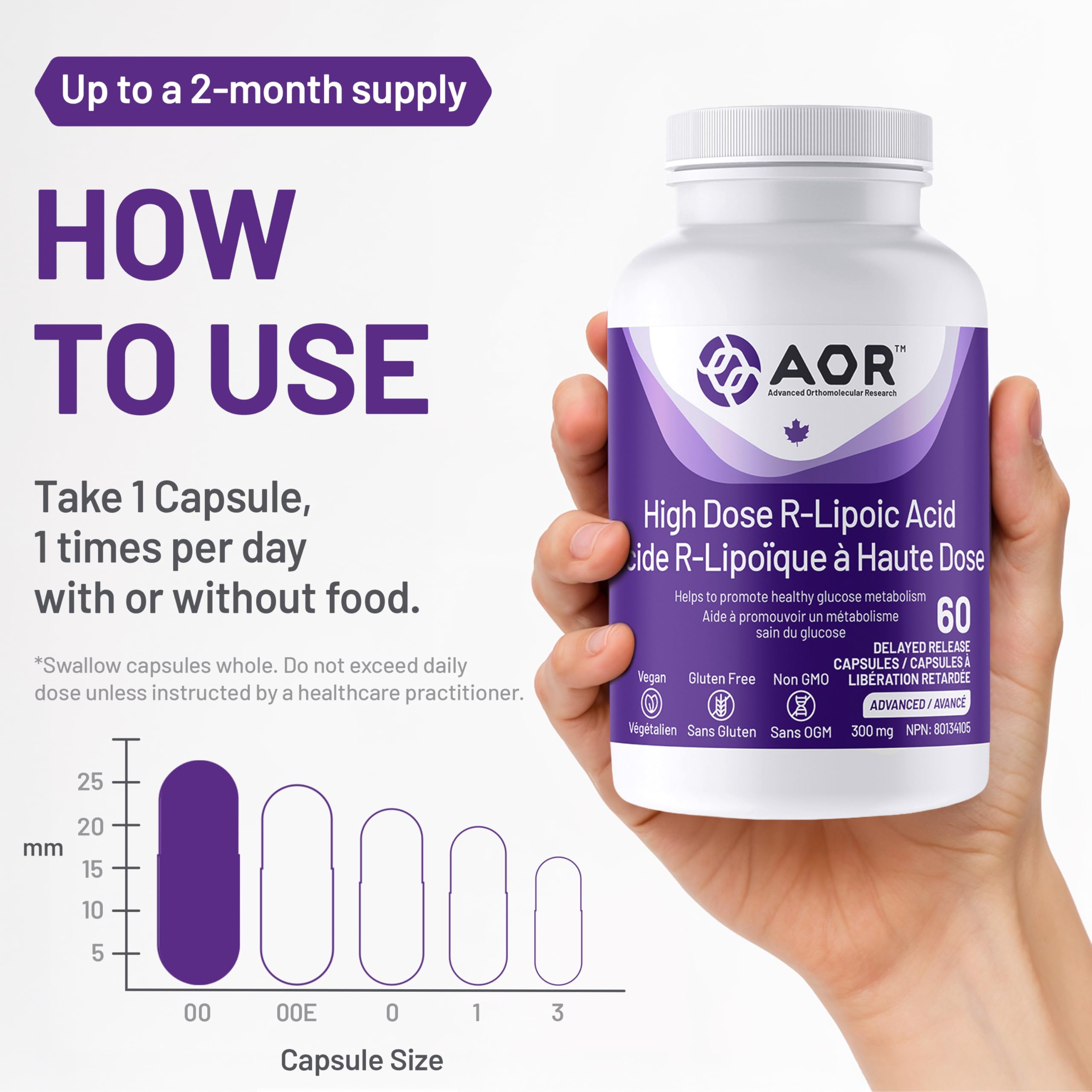 AOR High Dose R-Lipoic Acid 300mg 60 Capsules - Vegan & Gluten-Free Alpha Lipoic Acid Supplement, Support Antioxidant, Carbohydrate Metabolism, Digestive Wellness, Promote Liver Function