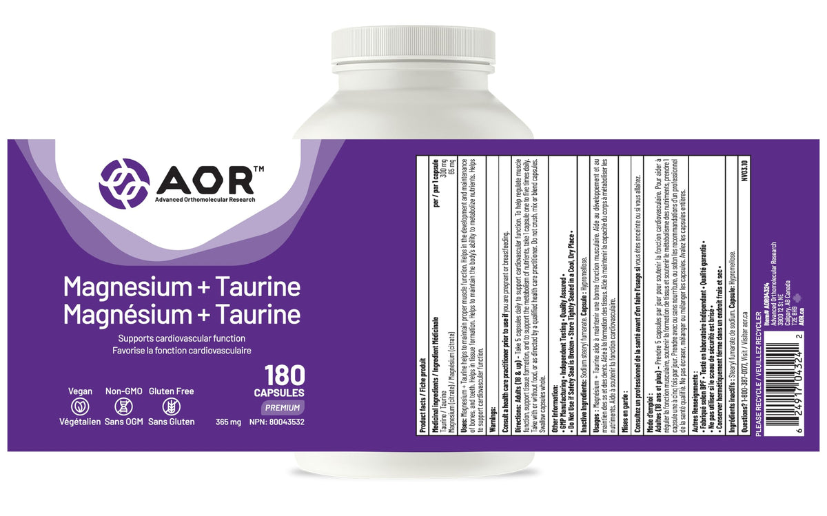 AOR Magnesium Taurine Capsules, Vegan, Non-GMO, 180 Capsules, 36 Day Supply