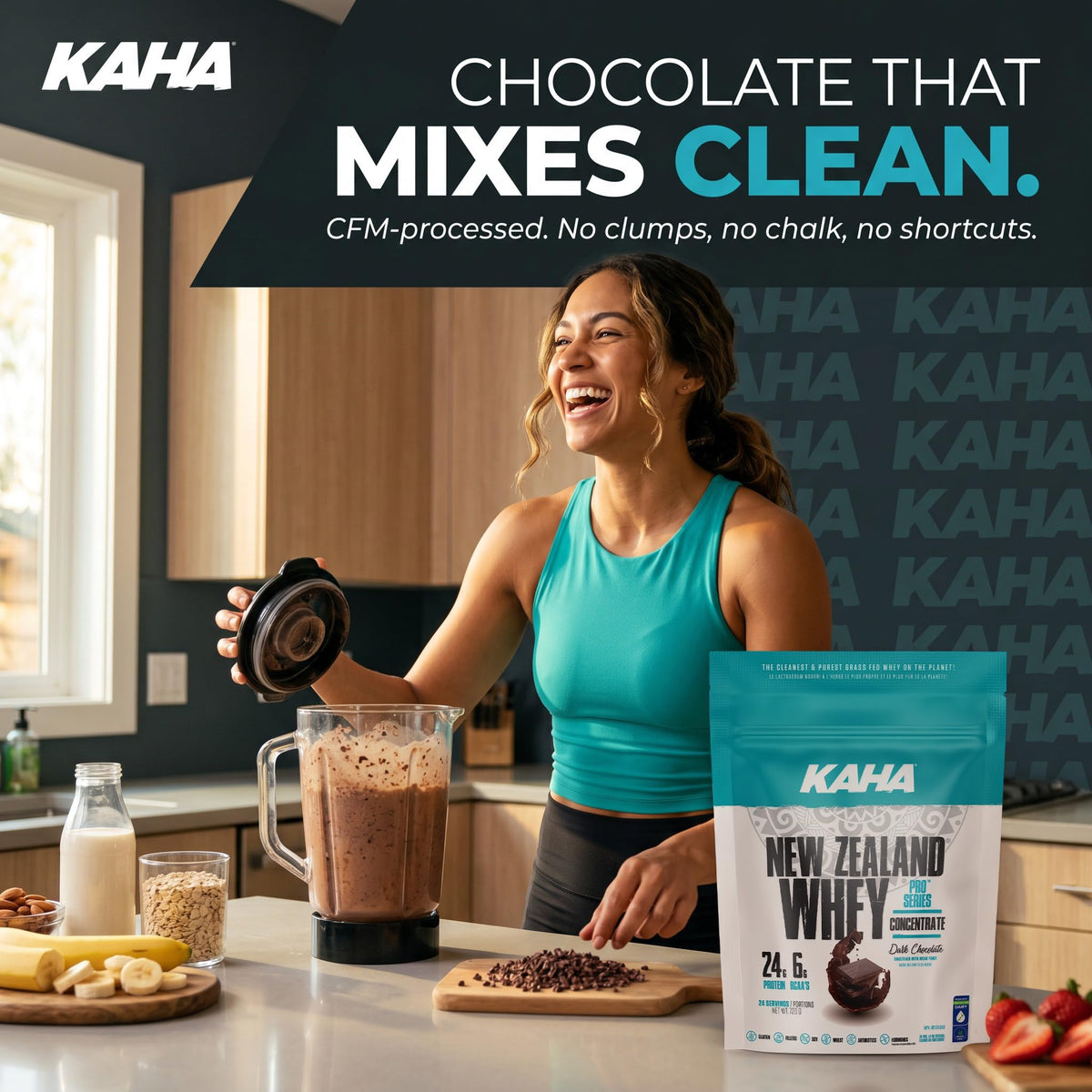 Kaha Nutrition NZ Whey Concentrate 720g Powder, Dark Chocolate Flavour - 24g Protein, 6g BCAAs, Grass-Fed Powder for Muscle Support & Active Lifestyle