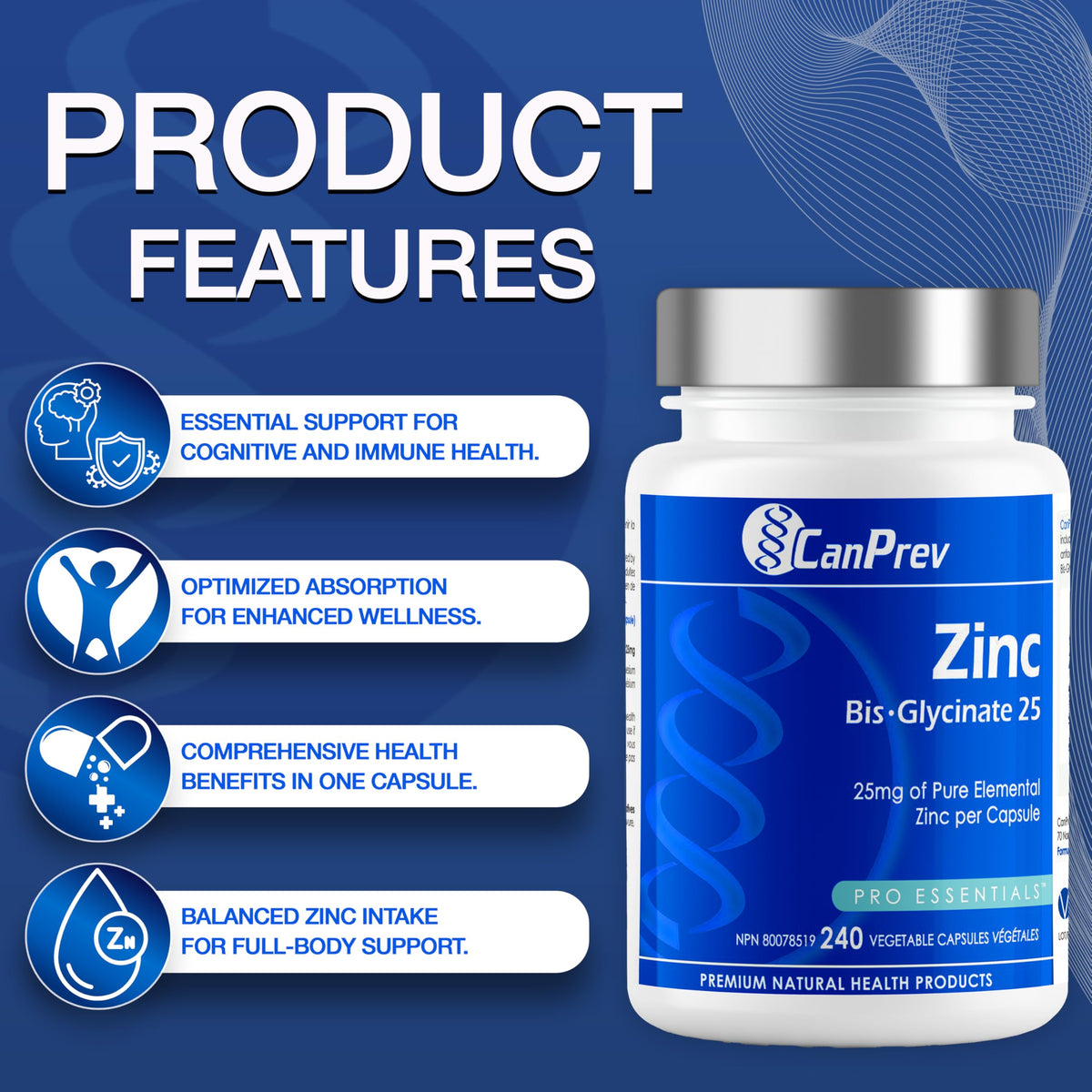 CanPrev Zinc Supplement, Bisglycinate, 25 mg, 240 Capsules, 240 Day Supply