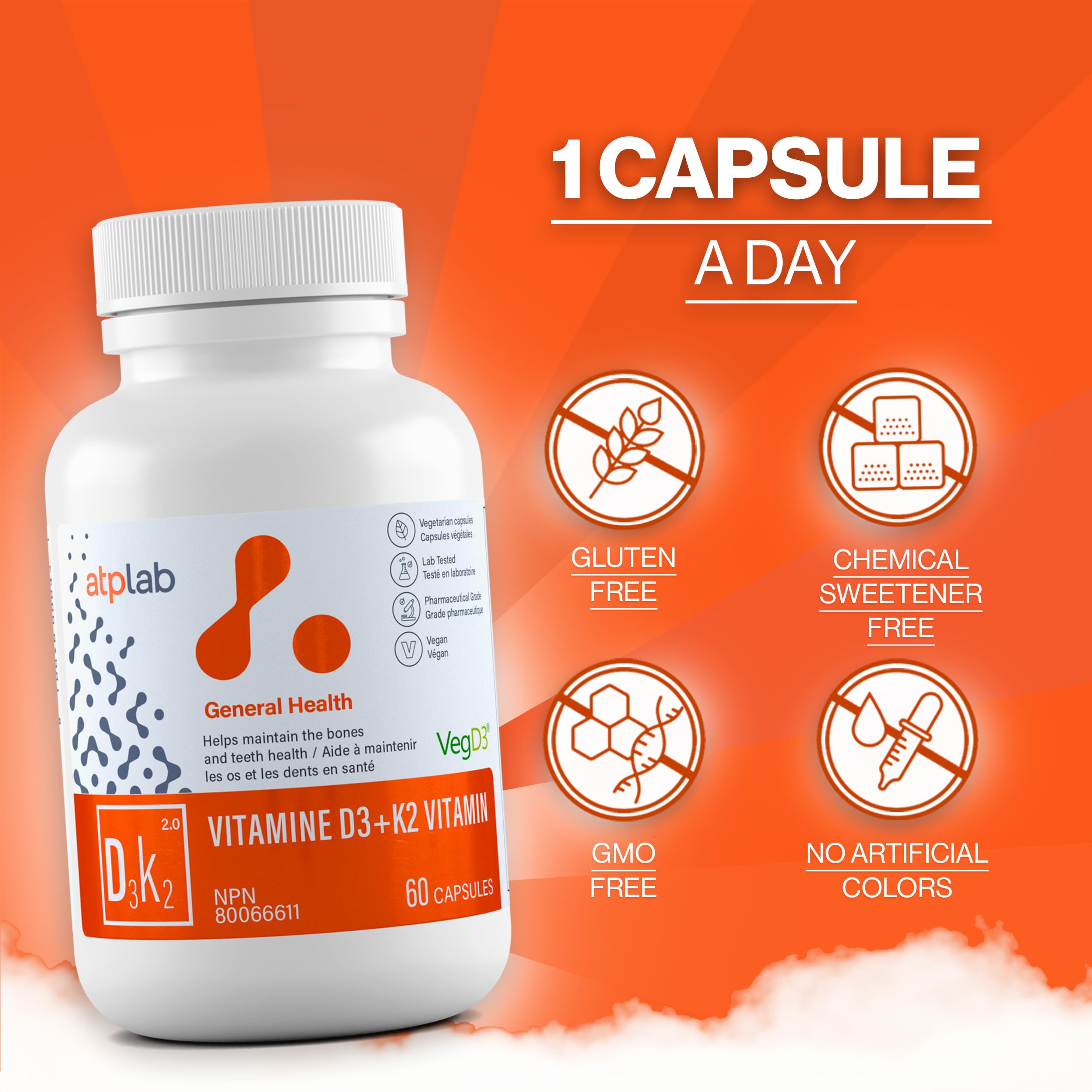 ATP LAB - Vitamine D3 K2 60 Gélules Fourniture de 60 Jours - Complément de Vitamines K2 MK-7 D3 - Os Sains, Dents Saines, Muscles Sains - Complément de Vitamines K2 D3 - D3 K2 Végétalien