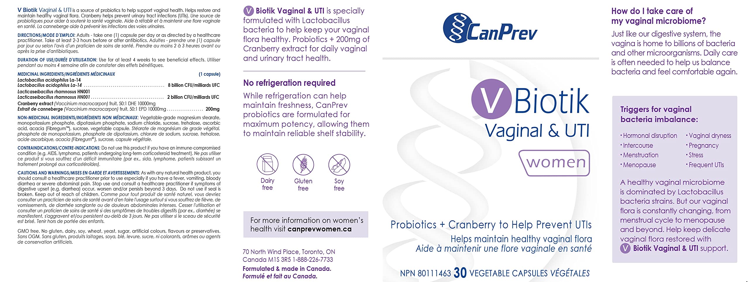 CanPrev V-Biotik Supplément Probiotique pour Femmes, 30 Capsules, 30 Jours d'Approvisionnement avec Extrait de Canneberge et Lactobacillus, 10 Milliards d'UFC, Probiotiques pour les Soins Digestifs - Soutien Naturel pour le Bien-être Quotidien des Femmes