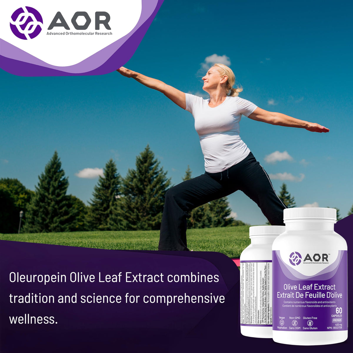AOR Olive Leaf Extract, 20% Oleuropein, Non GMO, 60 Capsules, 30 Day Supply