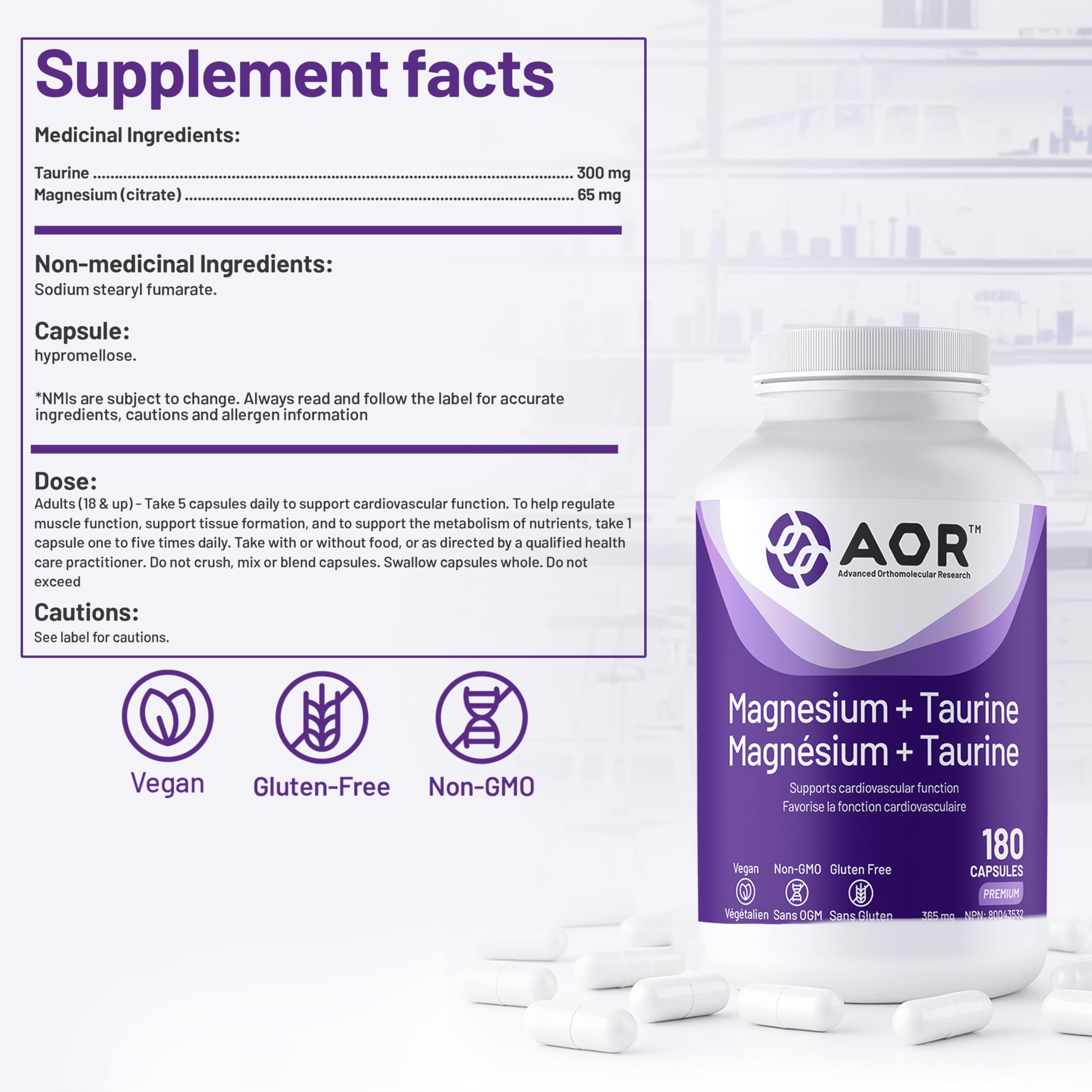 Gélules de magnésium + taurine AOR, 180 unités, pour 36 jours – Soutient la santé cardiaque, favorise des niveaux de calcium équilibrés et contribue à la solidité des os, des dents et à la fonction musculaire – Végétalien, sans OGM et sans gluten