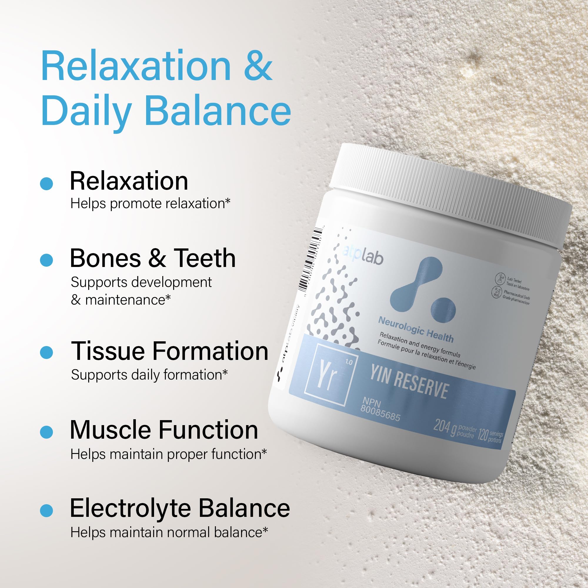ATP LAB - Yin Reserve 204g Powder 120-Servings - Promote Relaxation and Sleep - Teeth Health and Bone Health Supplement - Heart Muscle Funtion Electrolyte Balance